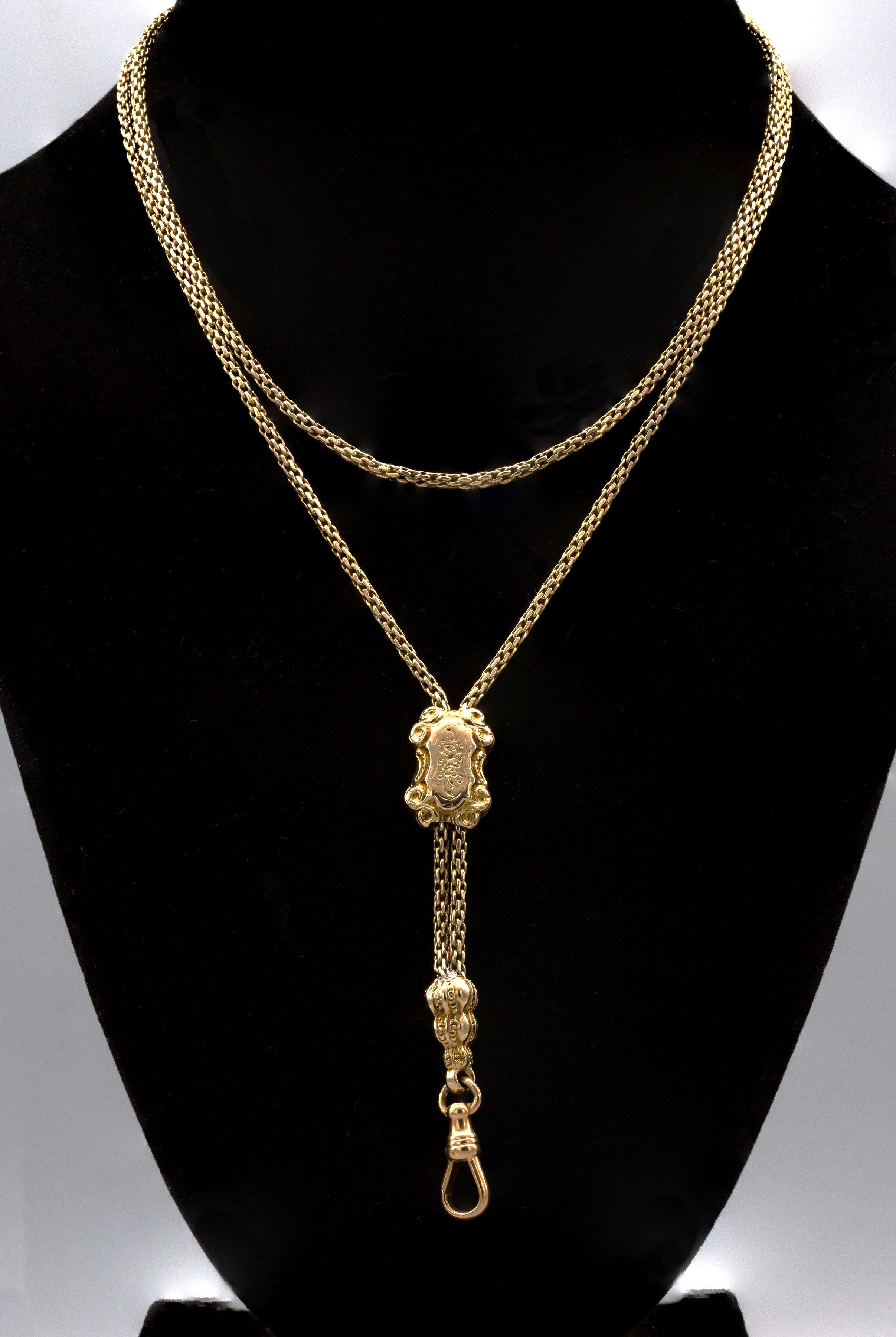 Antique Long Watch Chain 14k Yellow Gold/Ornated Necklace With Slider and Clasp im Angebot 1