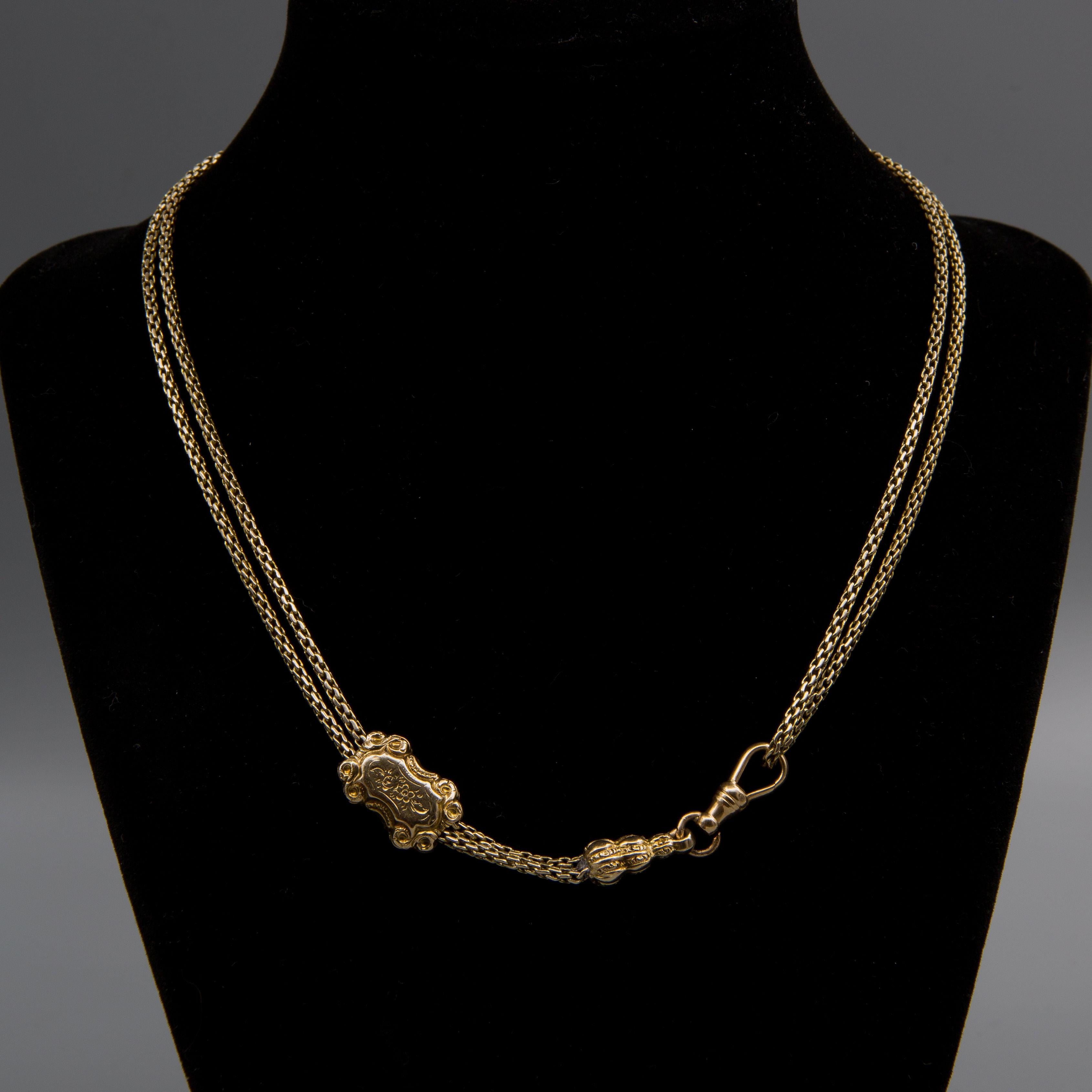 Catena di orologi antica lunga in oro giallo 14k/ornamento con cursore e chiusura in vendita 2