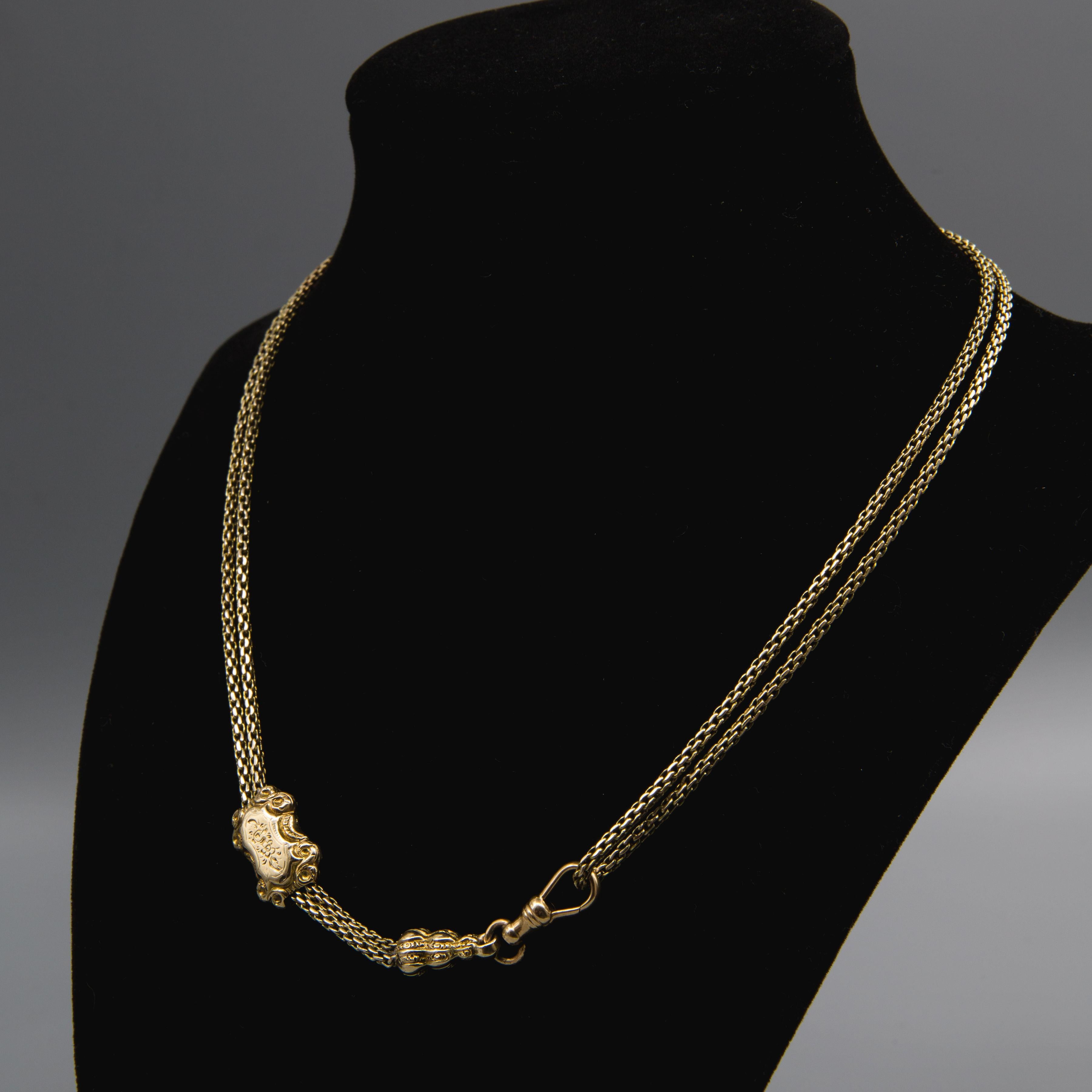 Catena di orologi antica lunga in oro giallo 14k/ornamento con cursore e chiusura in vendita 4