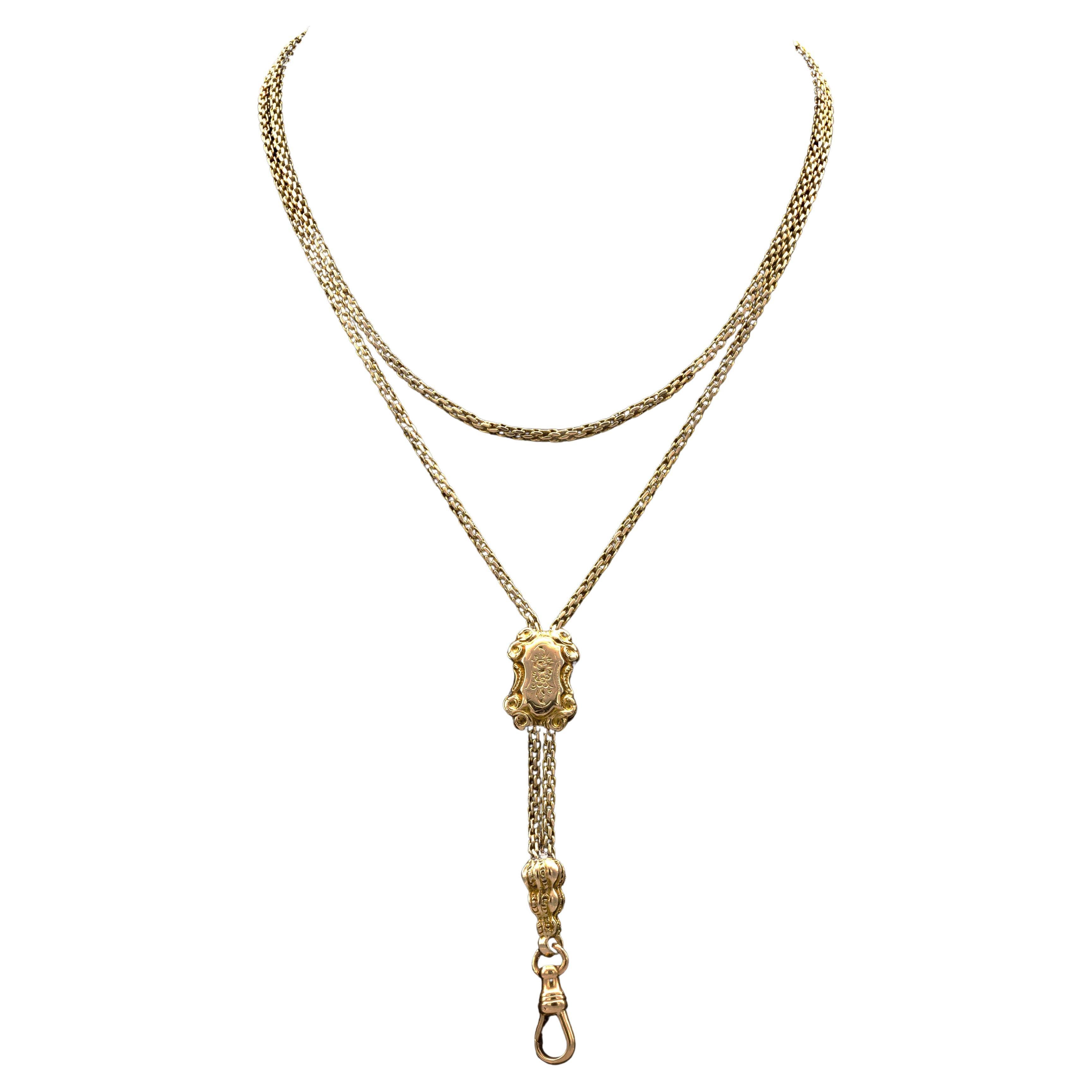 Antique Long Watch Chain 14k Yellow Gold/Ornated Necklace With Slider and Clasp