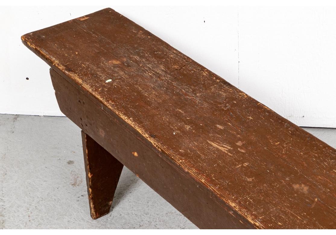 Rustic Antique Long Wooden Bench in Old Brown Paint For Sale