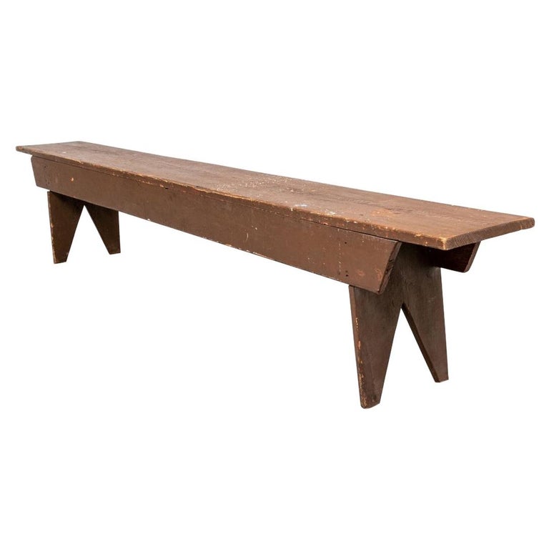 Antique Long Wooden Bench in Old Brown Paint For Sale at 1stDibs