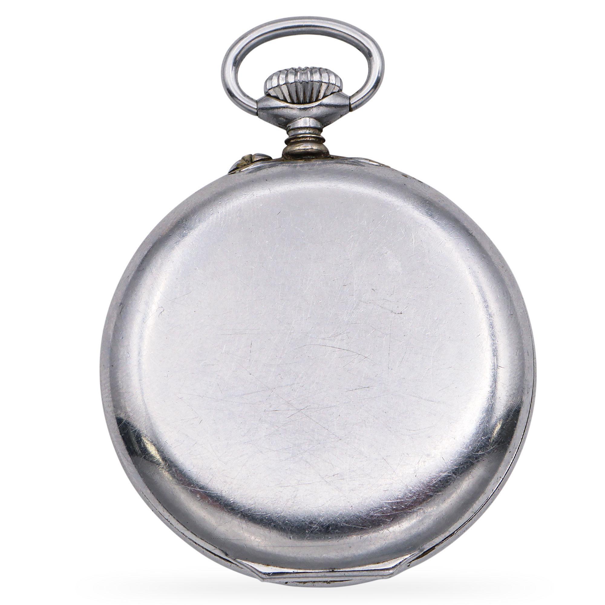 Crafted with precision, this Longines pocket watch showcases a classic design in polished silver. The dial features bold, black numerals and elegant, ornate hands. A small subdial at the top marks the chronograph function, while another at the