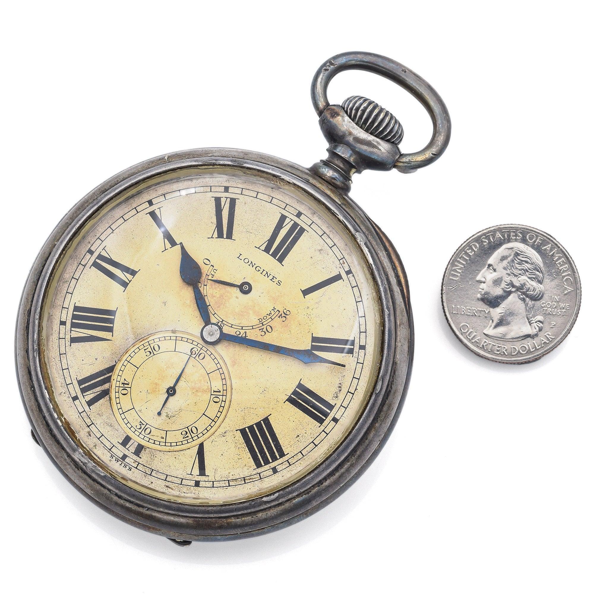 Antique Longines 800 Silver 17 Jewels Open Face Deck Watch 68 mm 3