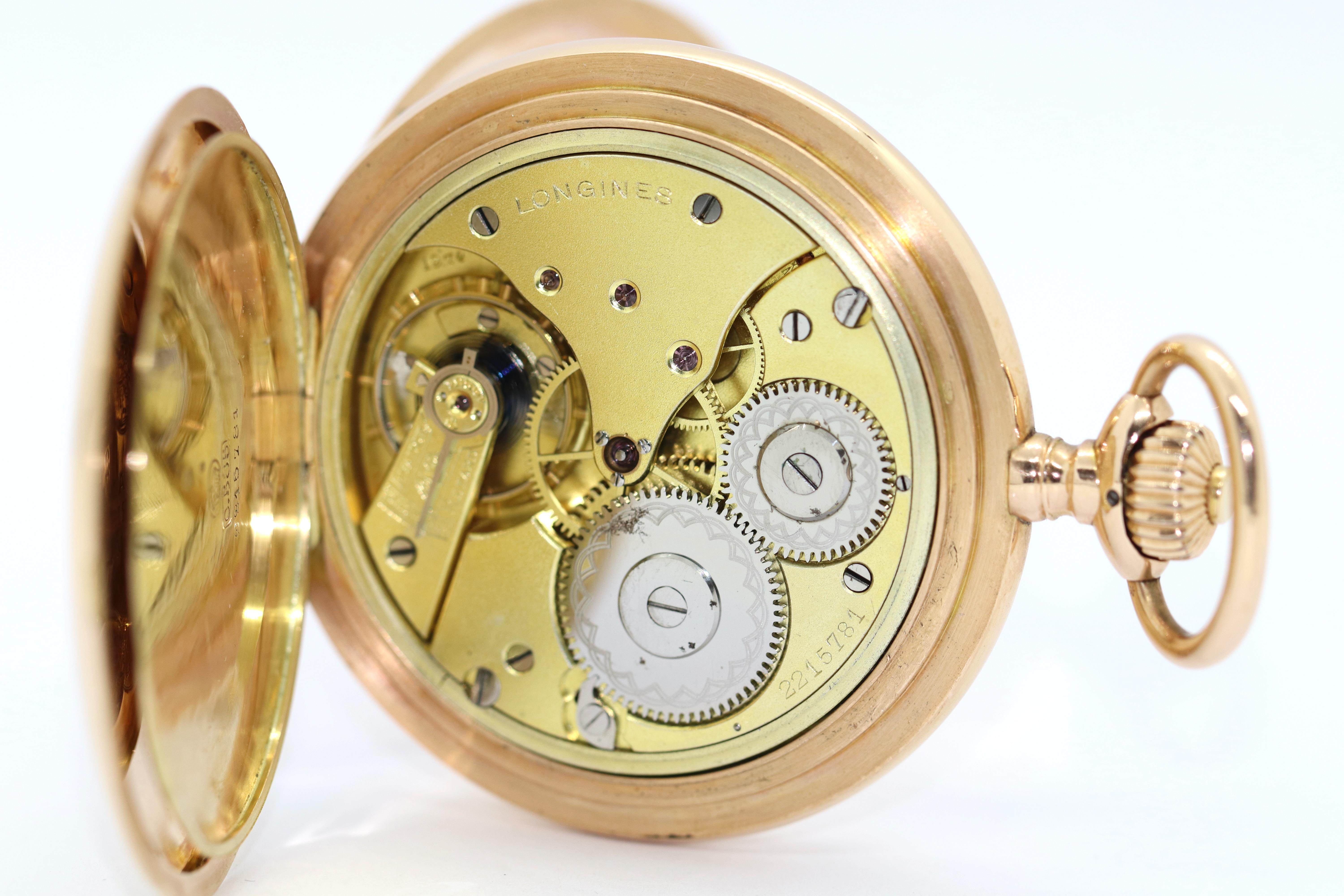 Antique Longines Pocket Watch 14 Karat Gold Arabic Enamel Dial, Hunter For Sale 3