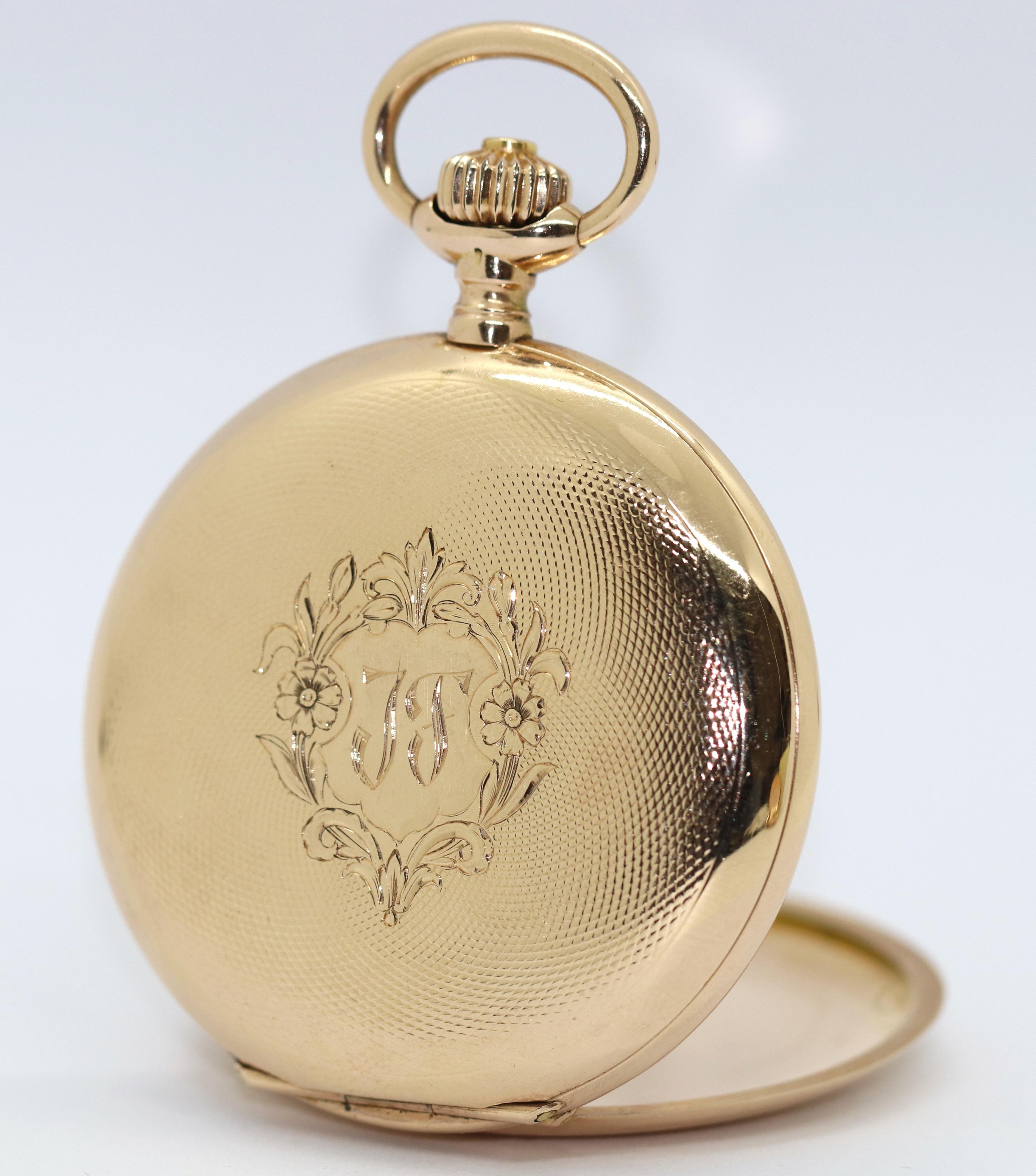 Antique Longines Pocket Watch 14 Karat Gold Arabic Enamel Dial, Hunter For Sale 4