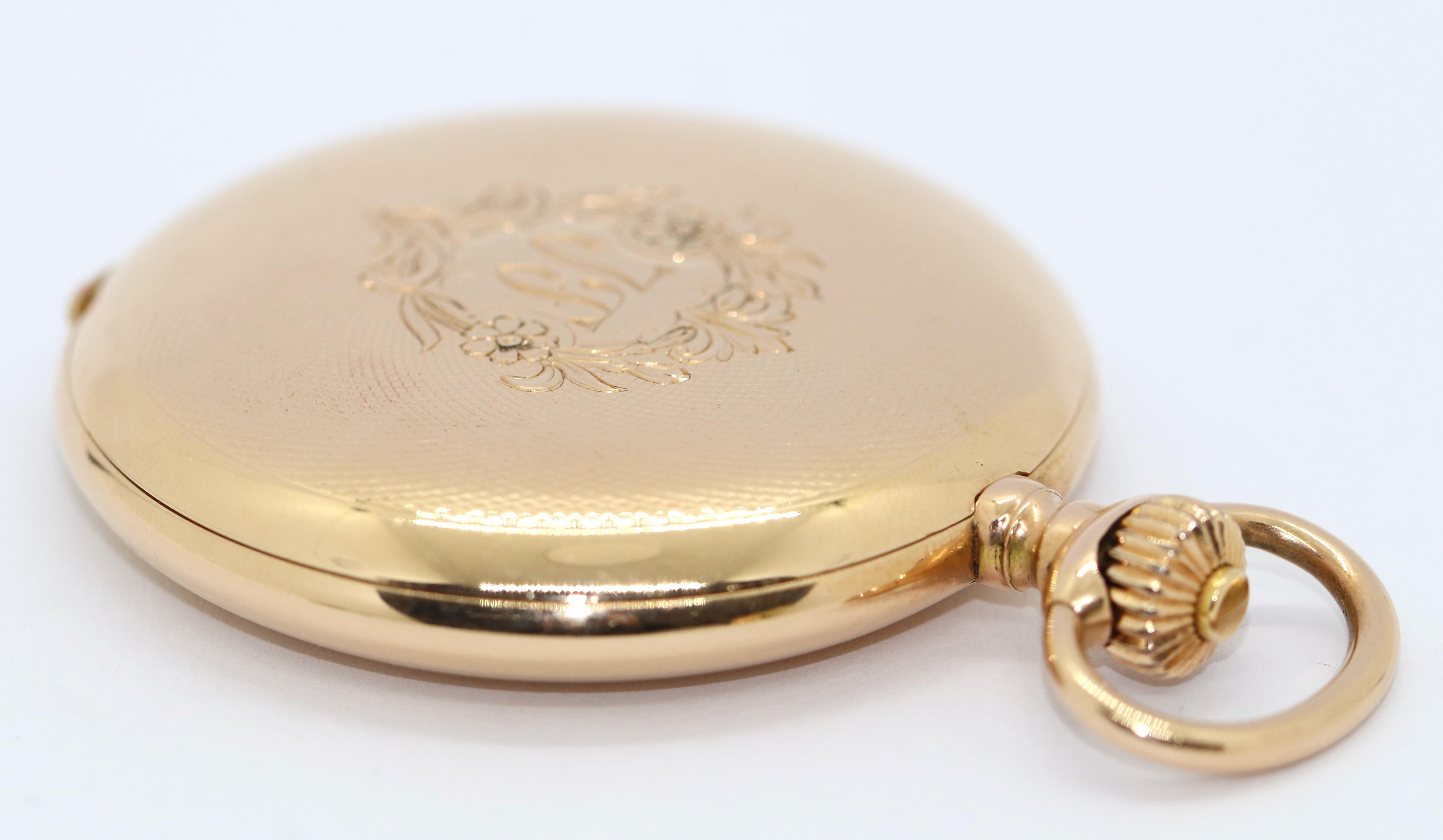 Antique Longines Pocket Watch 14 Karat Gold Arabic Enamel Dial, Hunter For Sale 5