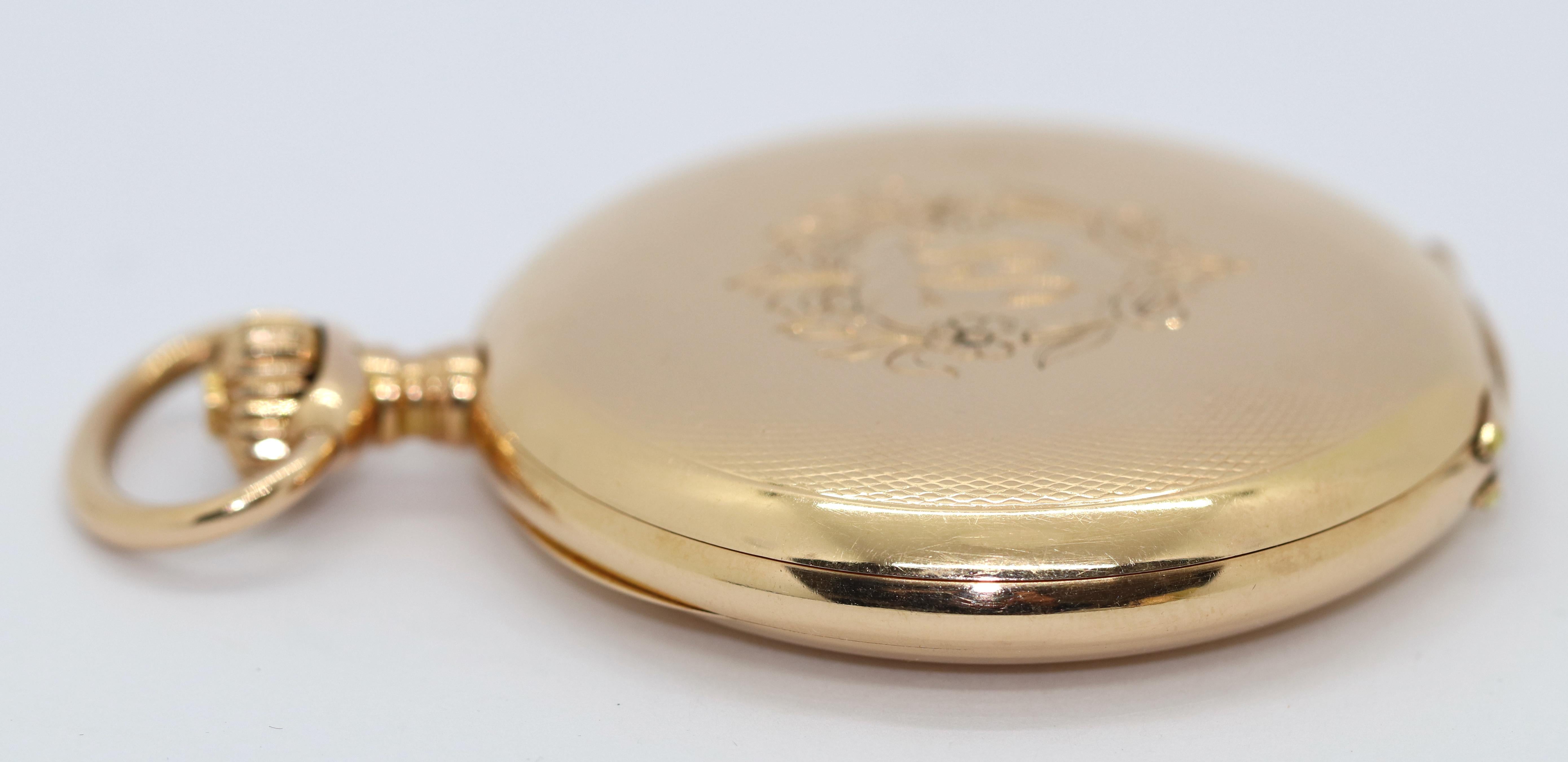 Antique Longines Pocket Watch 14 Karat Gold Arabic Enamel Dial, Hunter For Sale 6