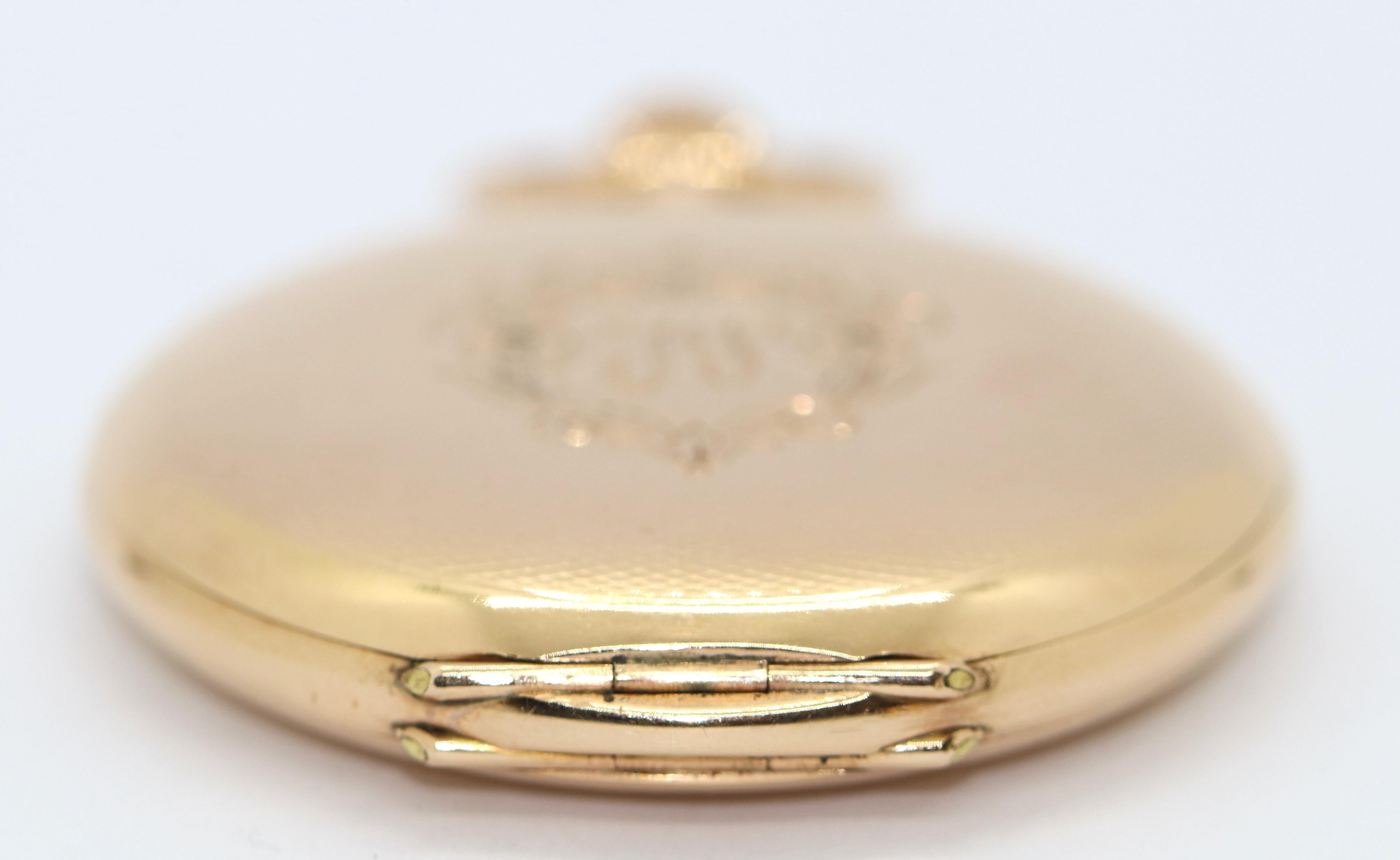 Antique Longines Pocket Watch 14 Karat Gold Arabic Enamel Dial, Hunter For Sale 7