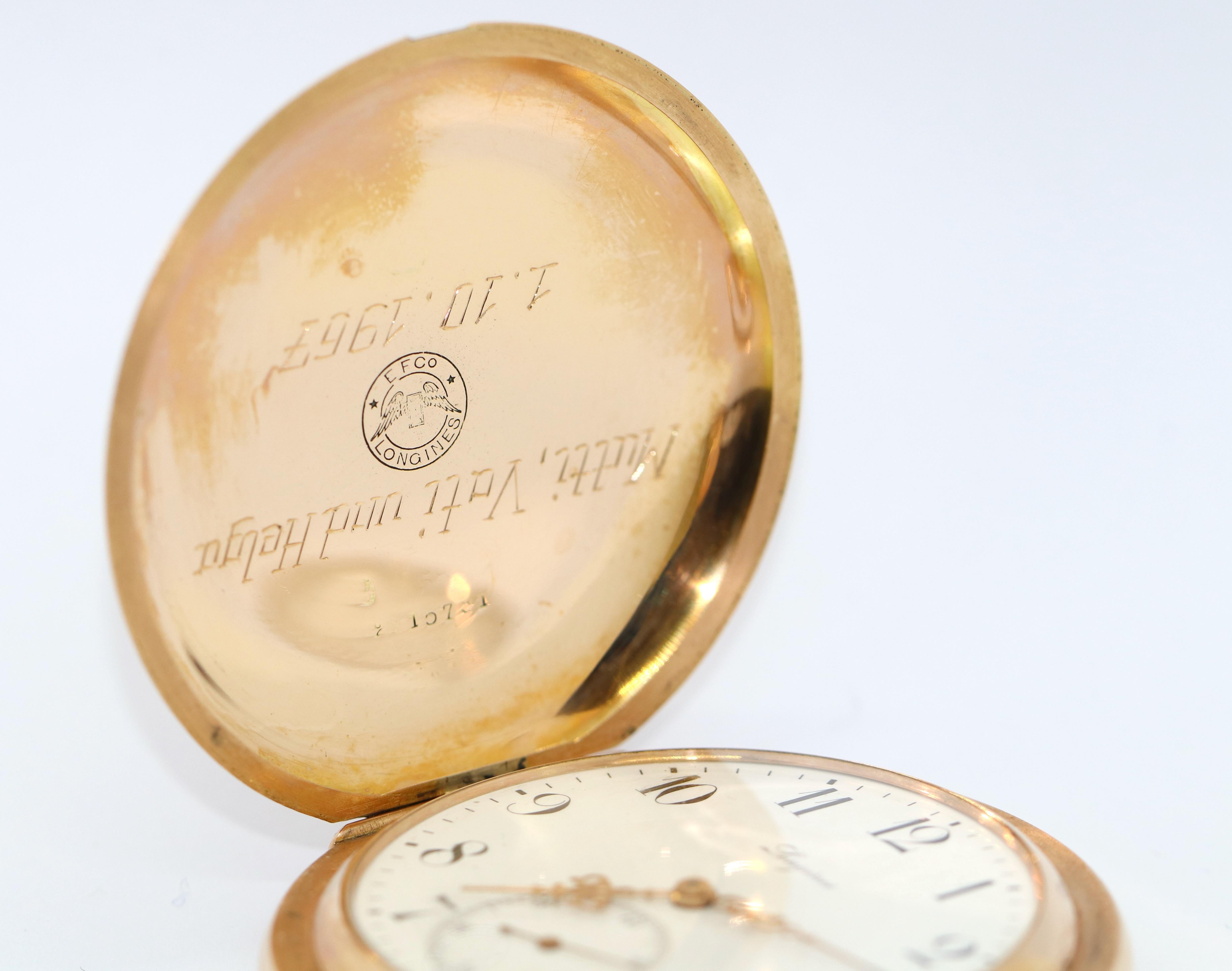 Antique Longines Pocket Watch 14 Karat Gold Arabic Enamel Dial, Hunter In Good Condition For Sale In Berlin, DE
