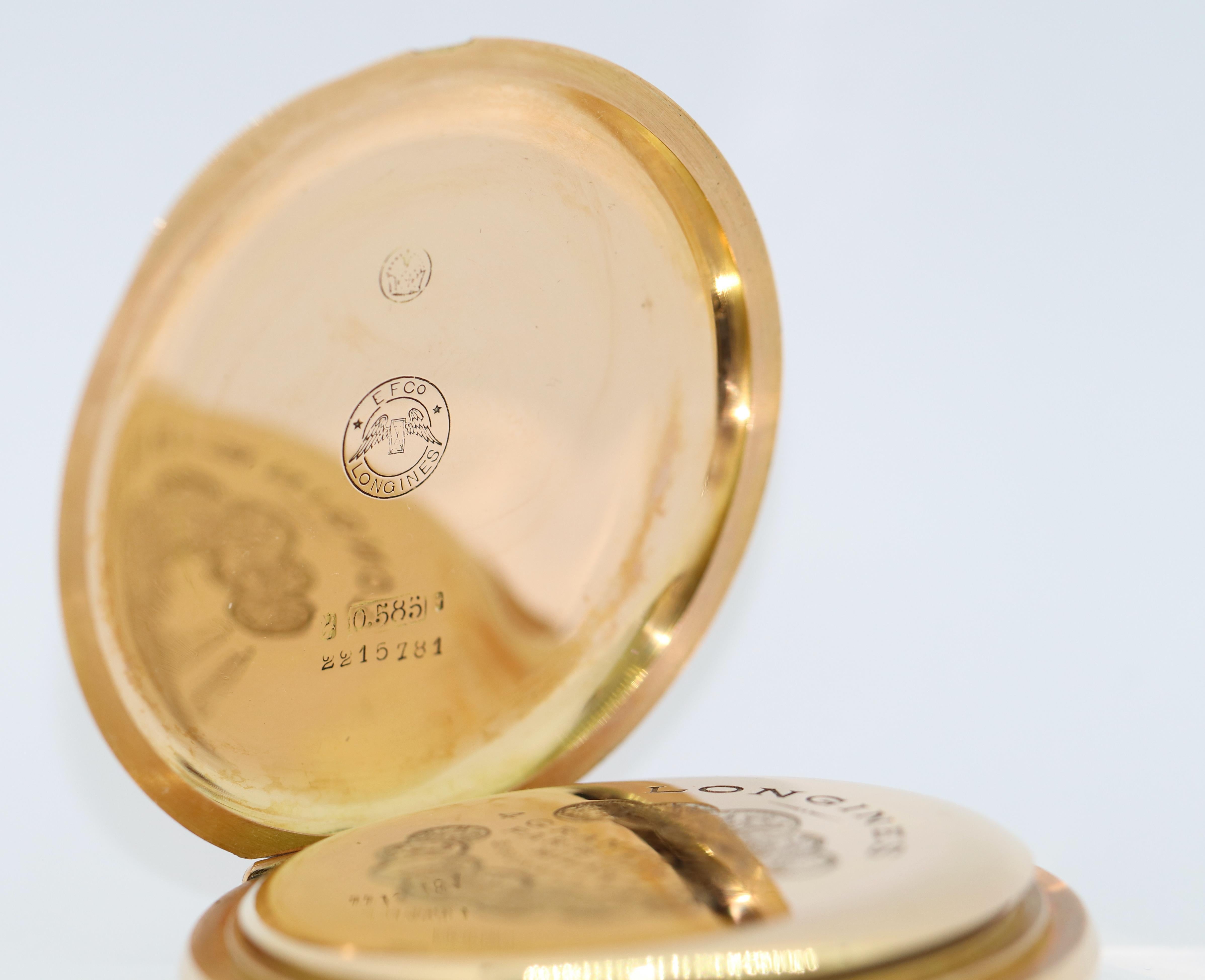 Men's Antique Longines Pocket Watch 14 Karat Gold Arabic Enamel Dial, Hunter For Sale