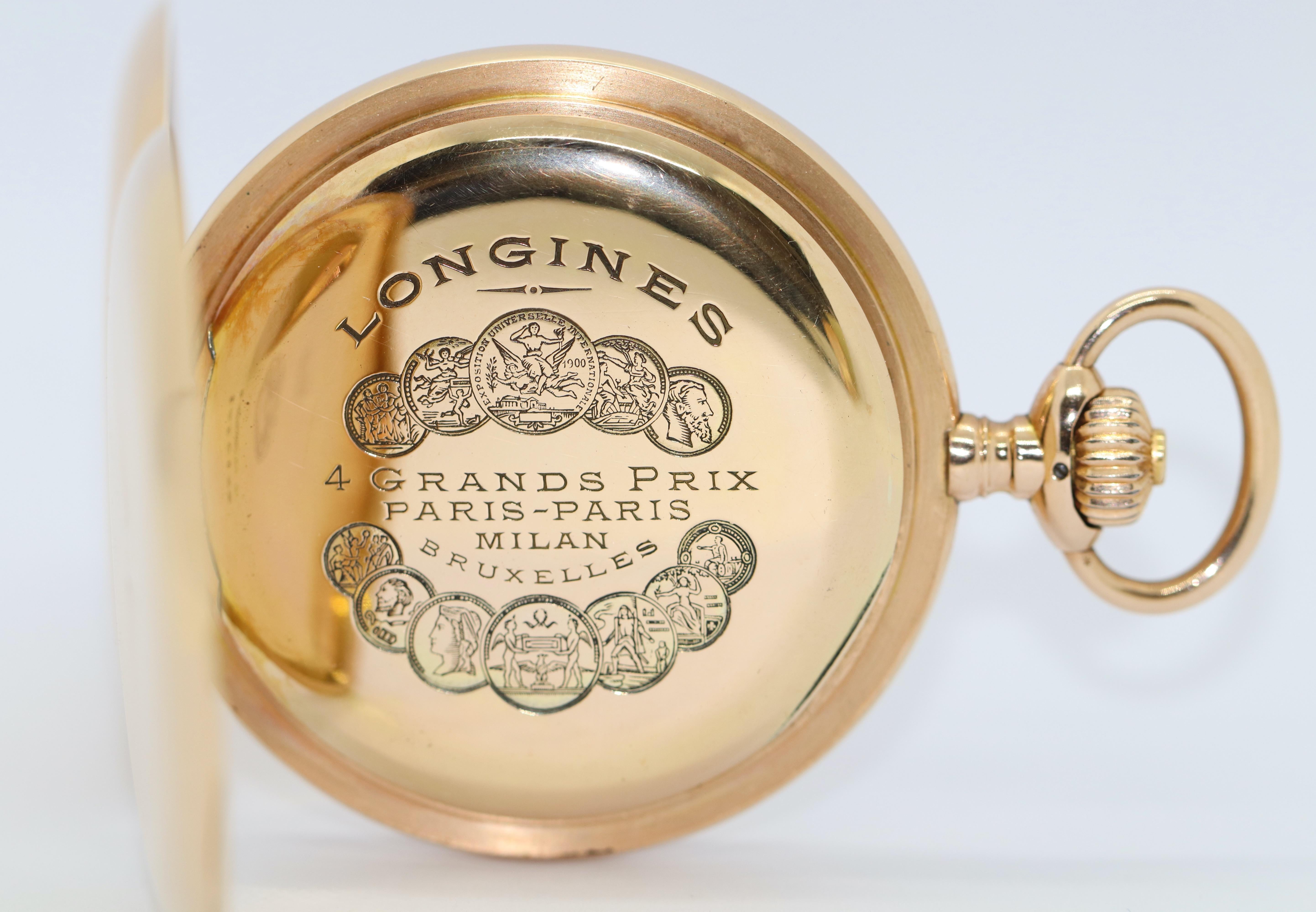 Antique Longines Pocket Watch 14 Karat Gold Arabic Enamel Dial, Hunter For Sale 1