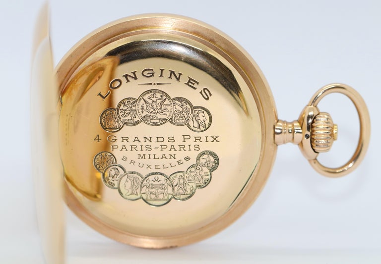 Antique Longines Pocket Watch 14 Karat Gold Arabic Enamel Dial