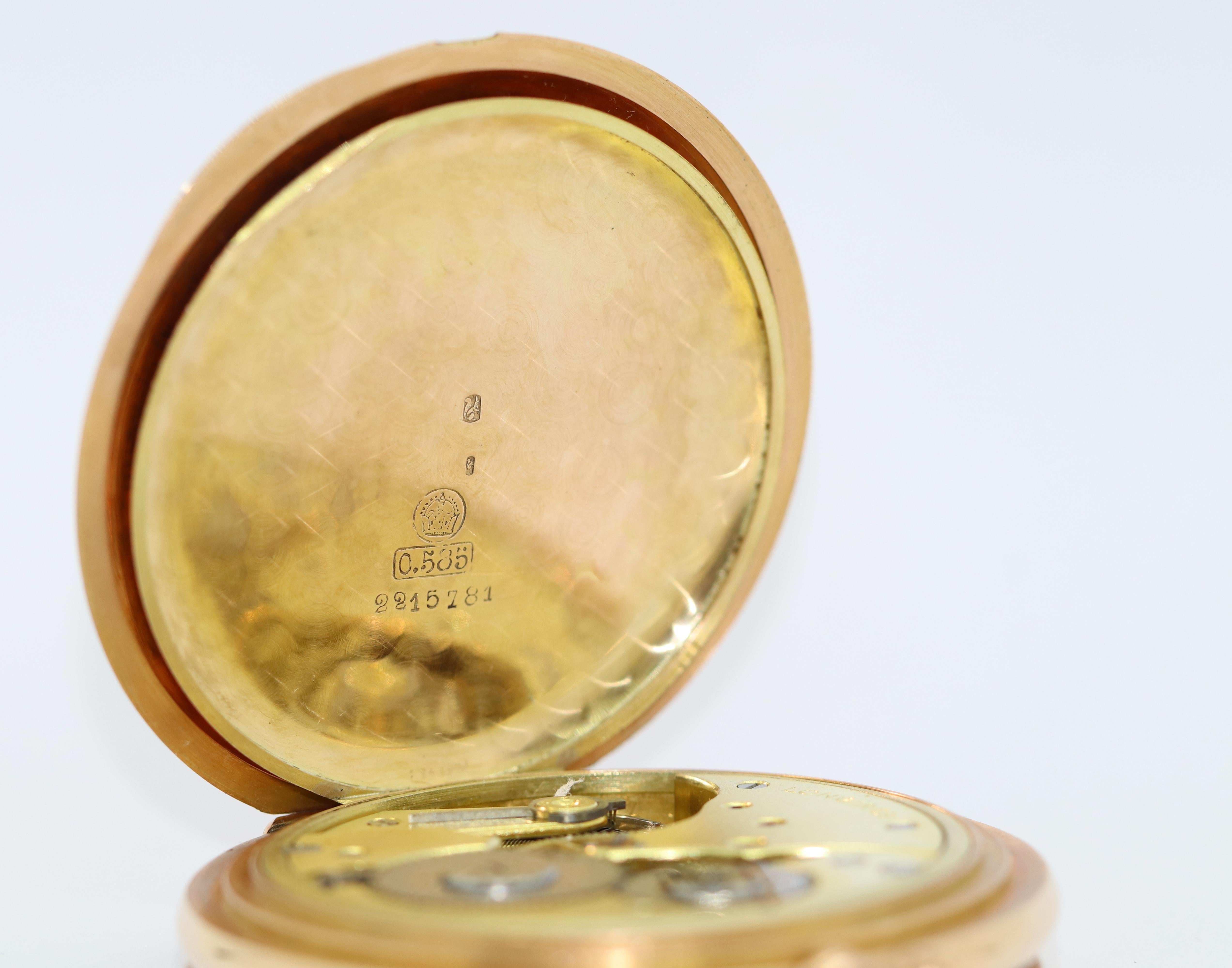 Antique Longines Pocket Watch 14 Karat Gold Arabic Enamel Dial, Hunter For Sale 2