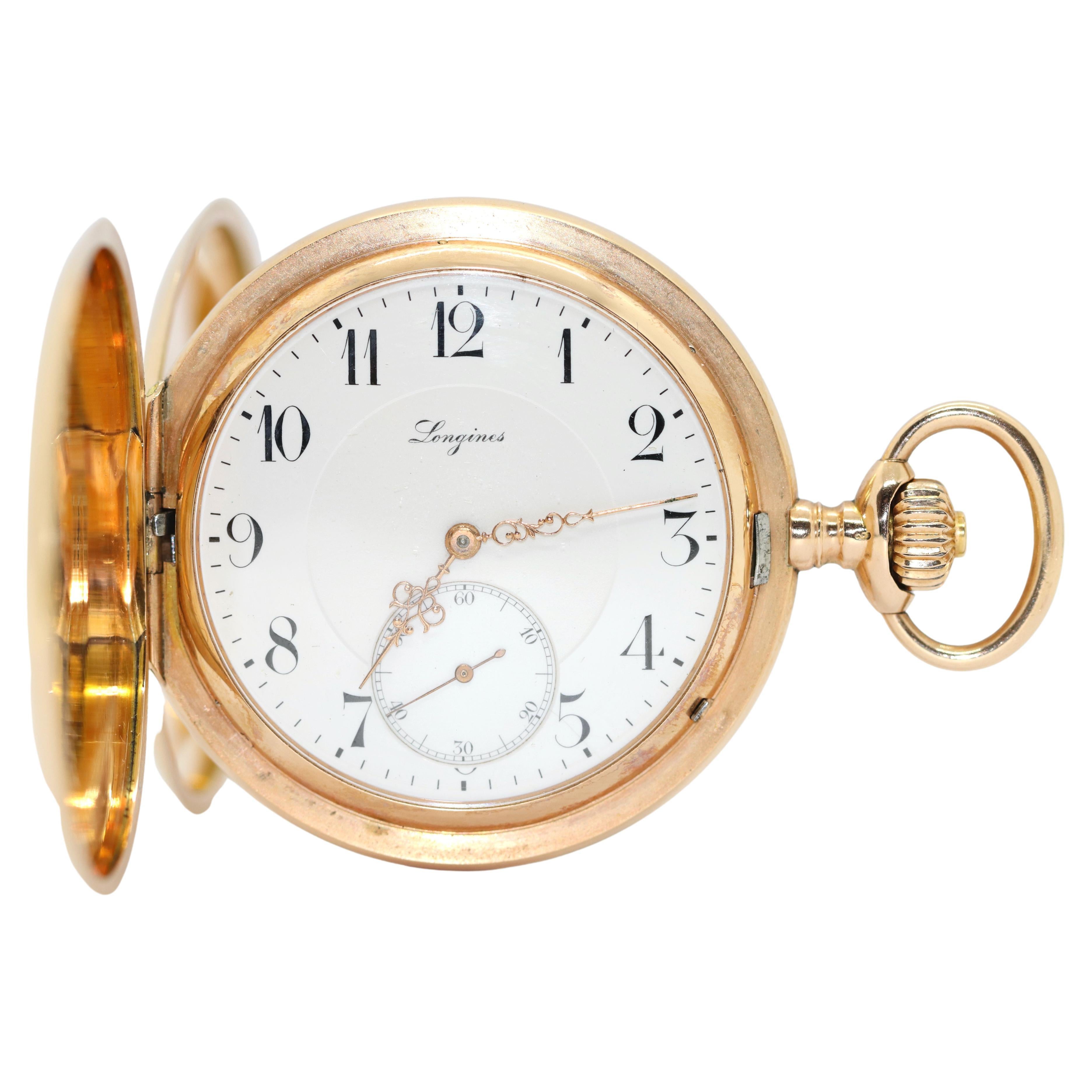 Antique Longines Pocket Watch 14 Karat Gold Arabic Enamel Dial, Hunter For Sale