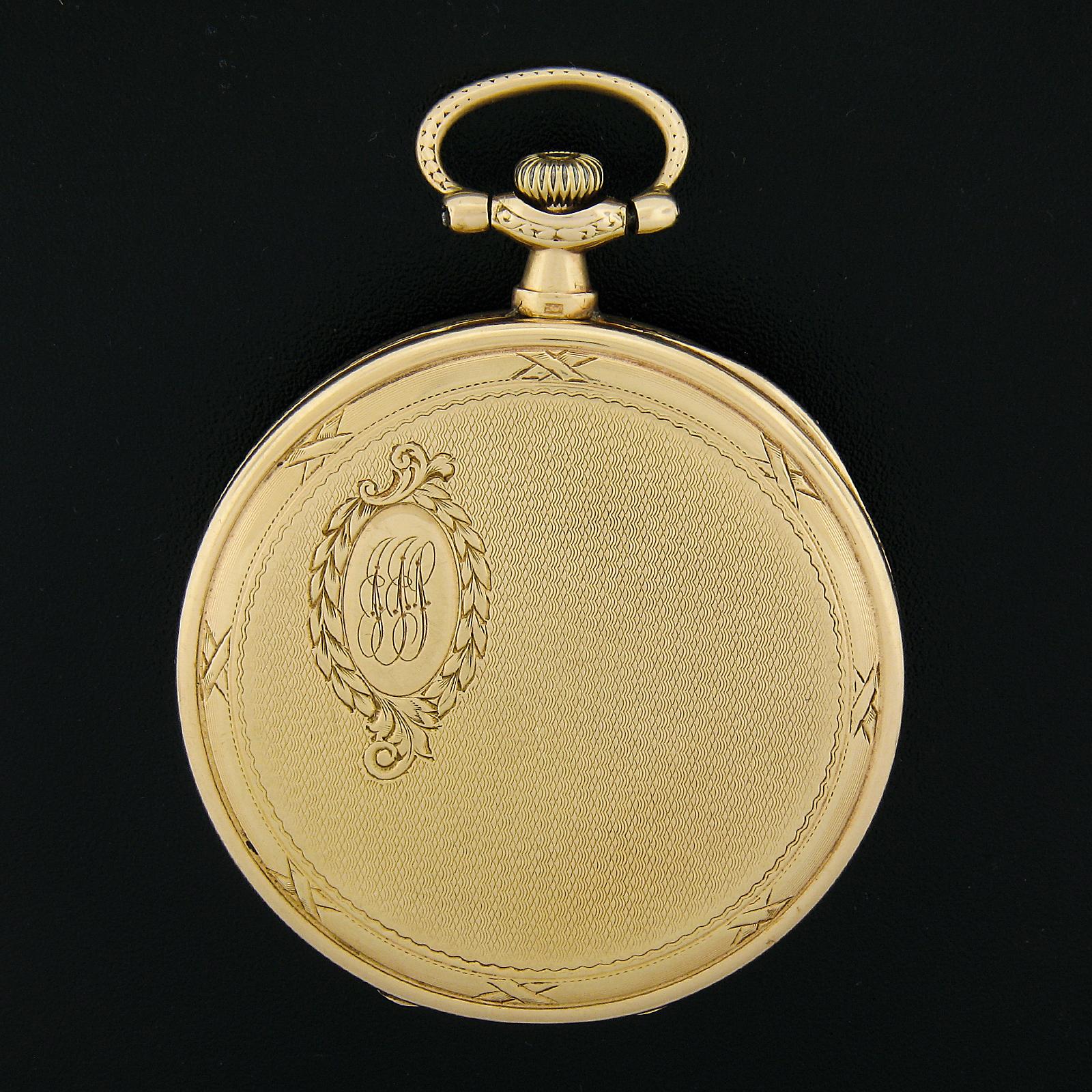 Antiguo reloj de bolsillo Longines suizo de oro amarillo de 14 quilates de 44 mm con esfera abierta detallada en Bueno estado para la venta en Montclair, NJ