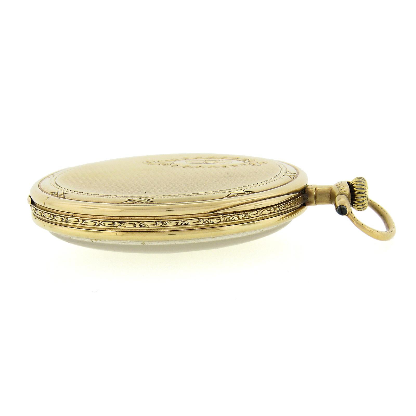Femenino o masculino Antiguo reloj de bolsillo Longines suizo de oro amarillo de 14 quilates de 44 mm con esfera abierta detallada en venta