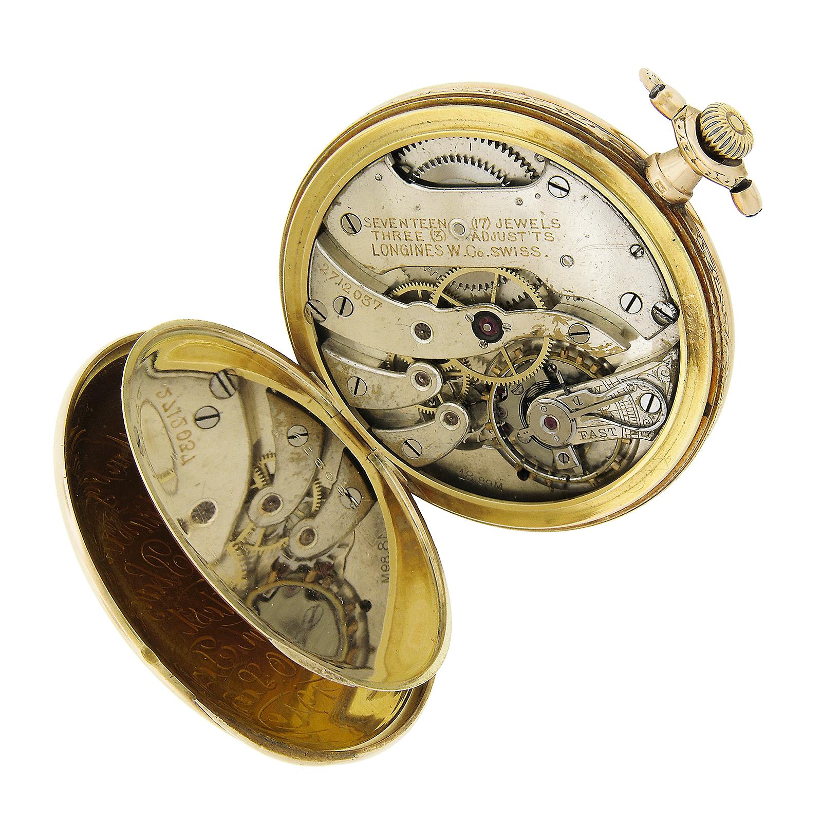 Antiguo reloj de bolsillo Longines suizo de oro amarillo de 14 quilates de 44 mm con esfera abierta detallada en venta 2