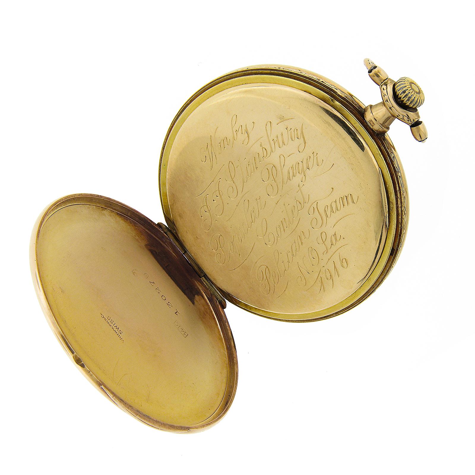 Antiguo reloj de bolsillo Longines suizo de oro amarillo de 14 quilates de 44 mm con esfera abierta detallada en venta 3