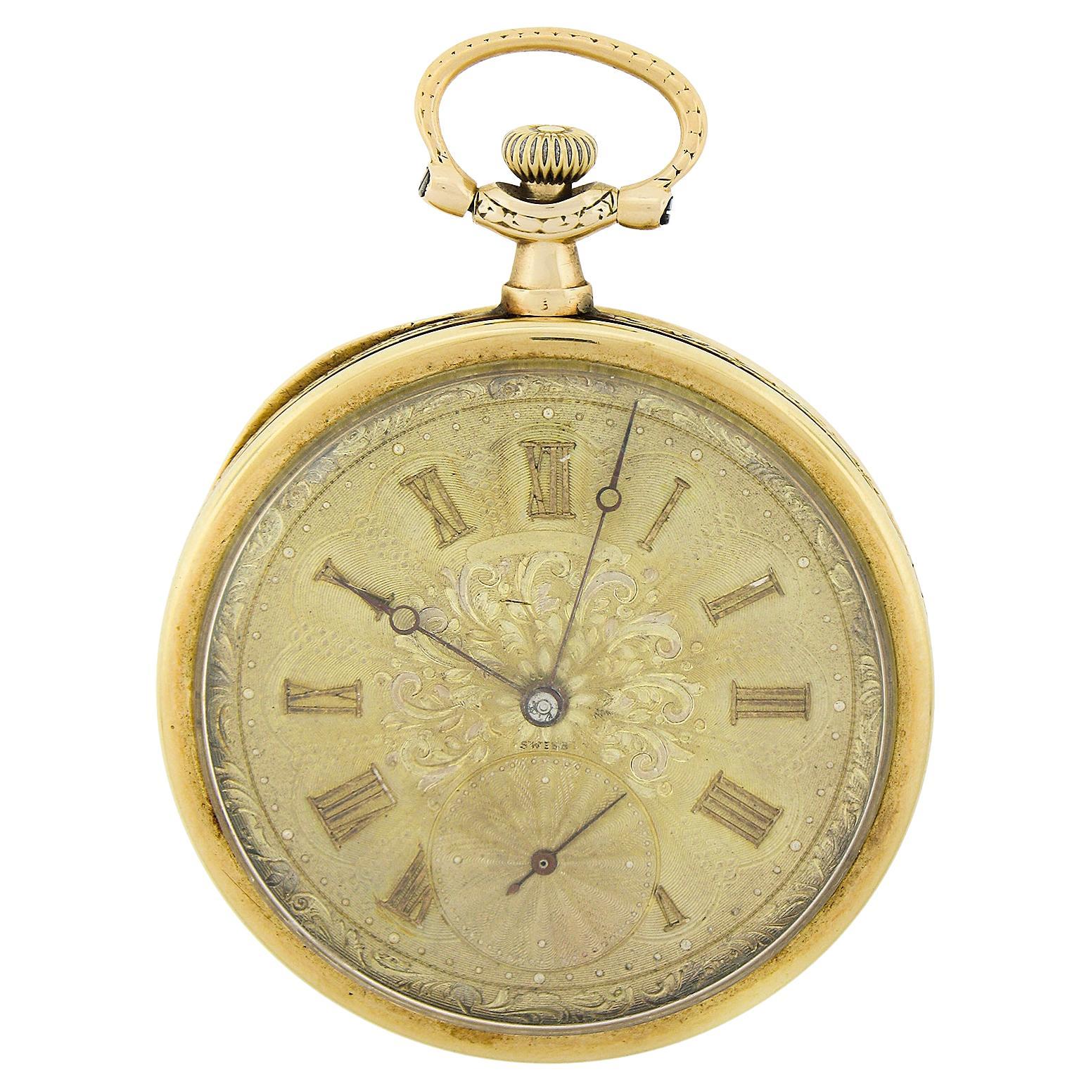 Antiguo reloj de bolsillo Longines suizo de oro amarillo de 14 quilates de 44 mm con esfera abierta detallada
