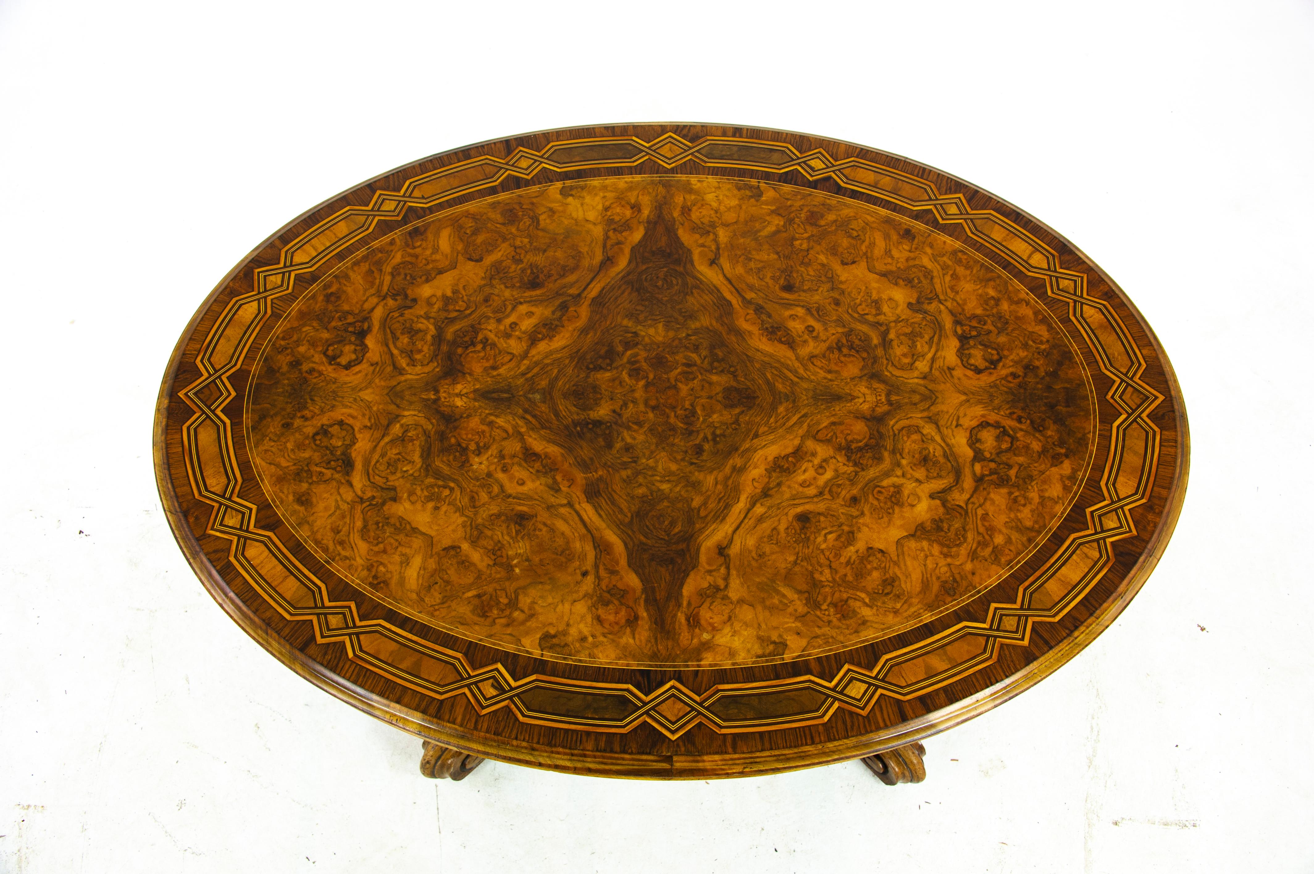 Antique loo table, antique coffee table, inlaid Victorian table, loo table, walnut inlay, Scotland 1870, antique furniture, B1493

Scotland, 1870
Oval top veneered in beautiful burr walnut and marquetry inlay
Molded edge around the top of the