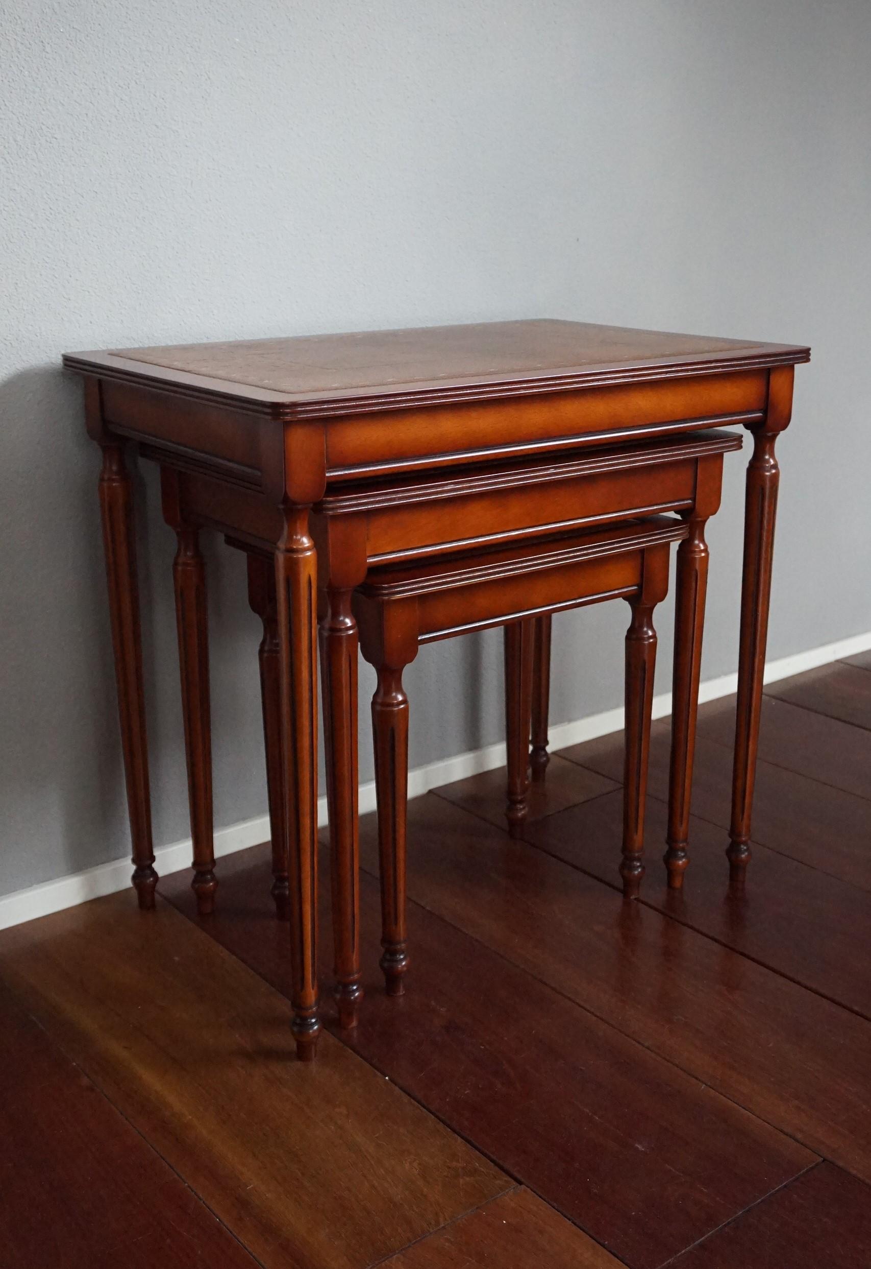 Mint condition and highly stylish nest of practical tables.

This stylish and highly practical nest of tables is inlaid with top quality leather and all three tables are in excellent condition. The combination of the striking wood and the warm