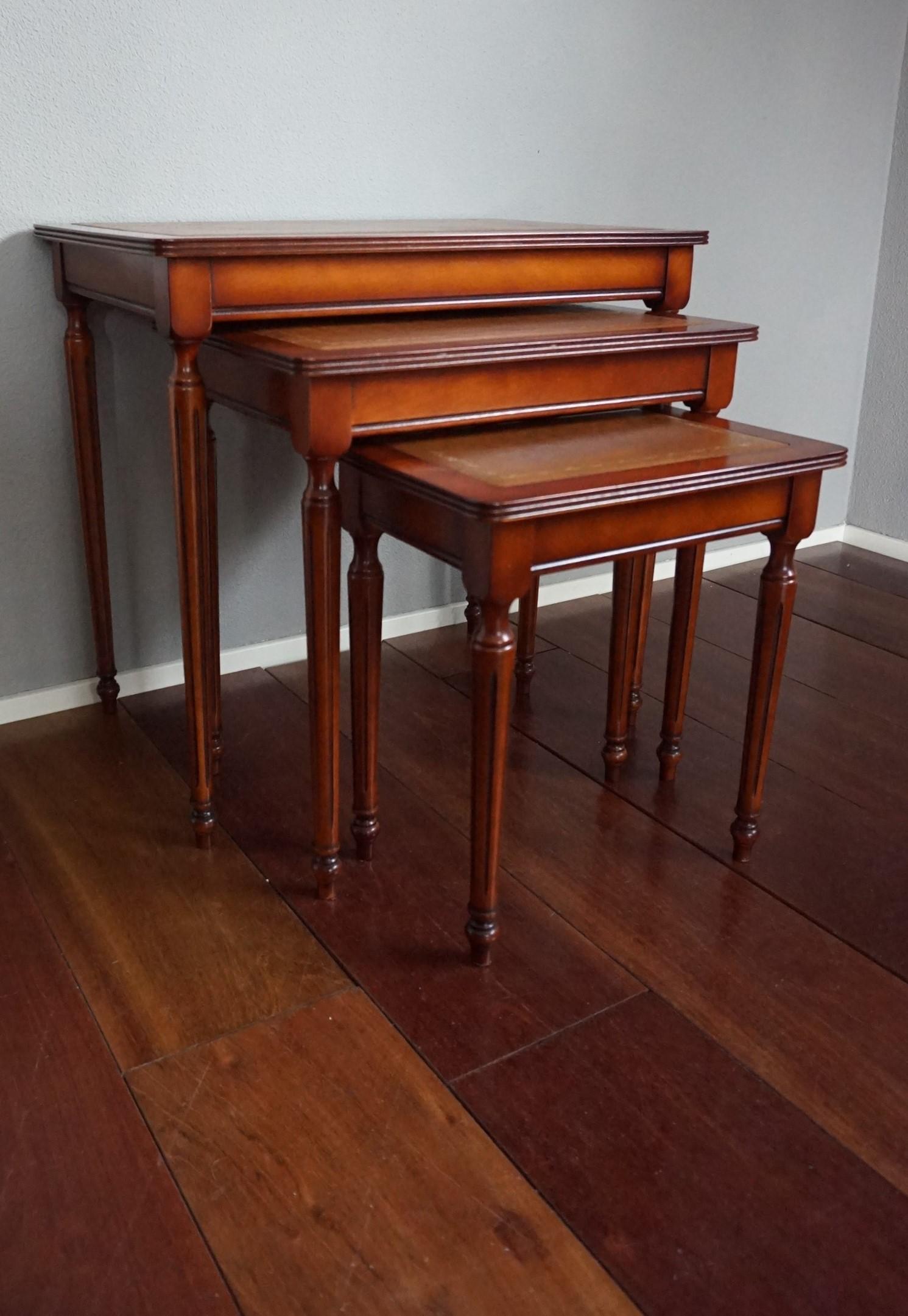 Louis XVI Antique Look Mahogany Louis Seize Style Nest of Three Tables with Leather Inlay