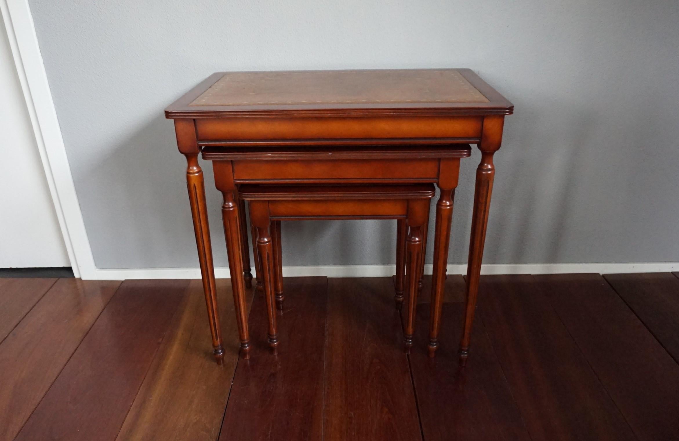 European Antique Look Mahogany Louis Seize Style Nest of Three Tables with Leather Inlay