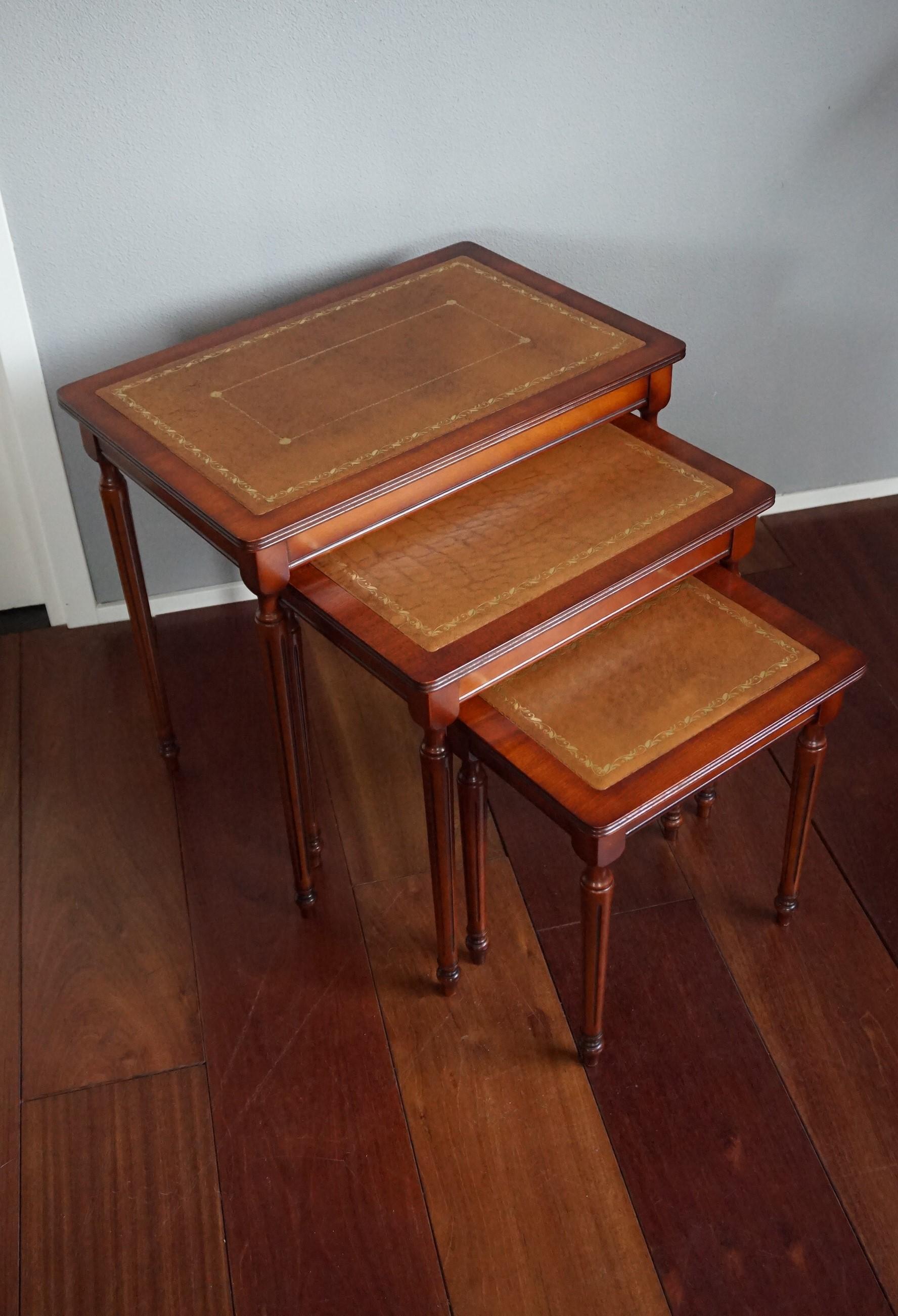 20th Century Antique Look Mahogany Louis Seize Style Nest of Three Tables with Leather Inlay