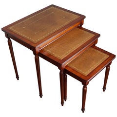 Antique Look Mahogany Louis Seize Style Nest of Three Tables with Leather Inlay