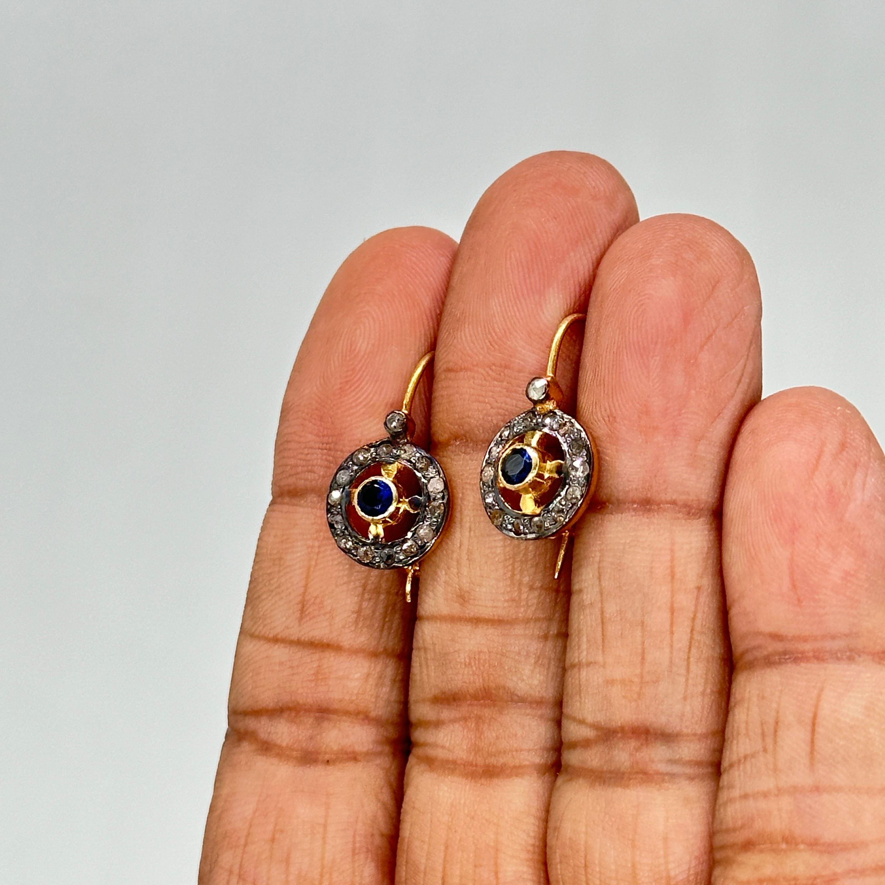 Antique look natural rose cut diamonds blue sapphire silver wire post earrings 4