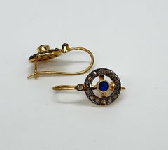 Antique look natural rose cut diamonds blue sapphire silver wire post earrings