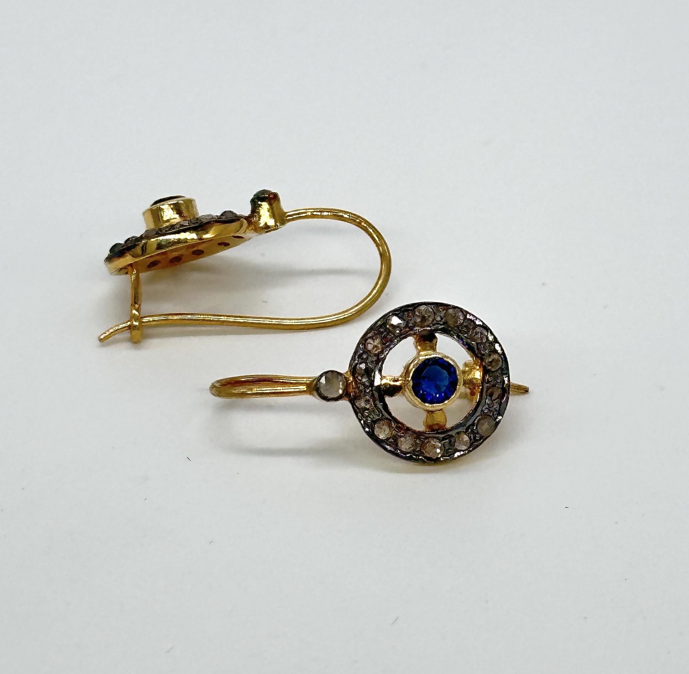 Anglo-Indian Antique look natural rose cut diamonds blue sapphire silver wire post earrings