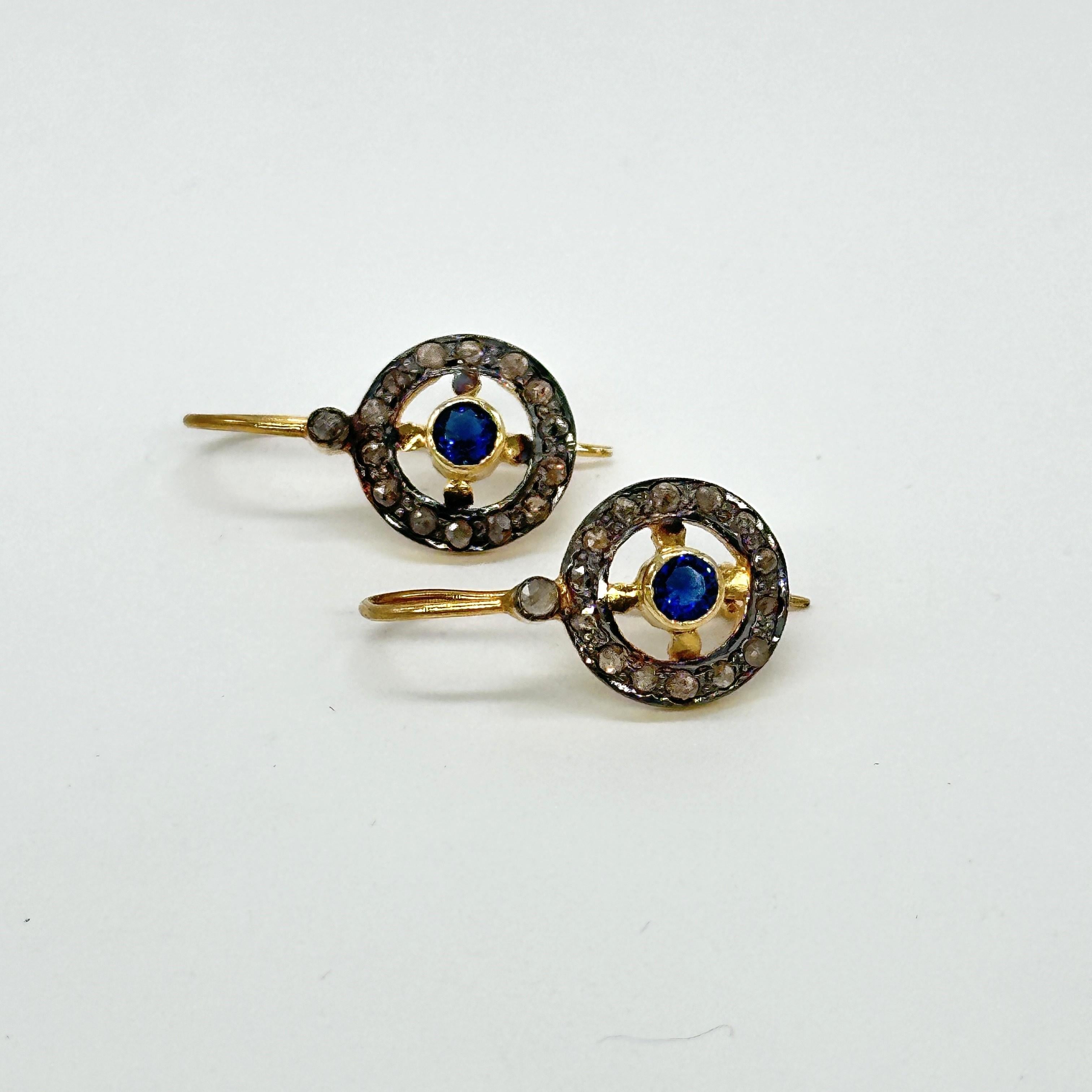 Rose Cut Antique look natural rose cut diamonds blue sapphire silver wire post earrings