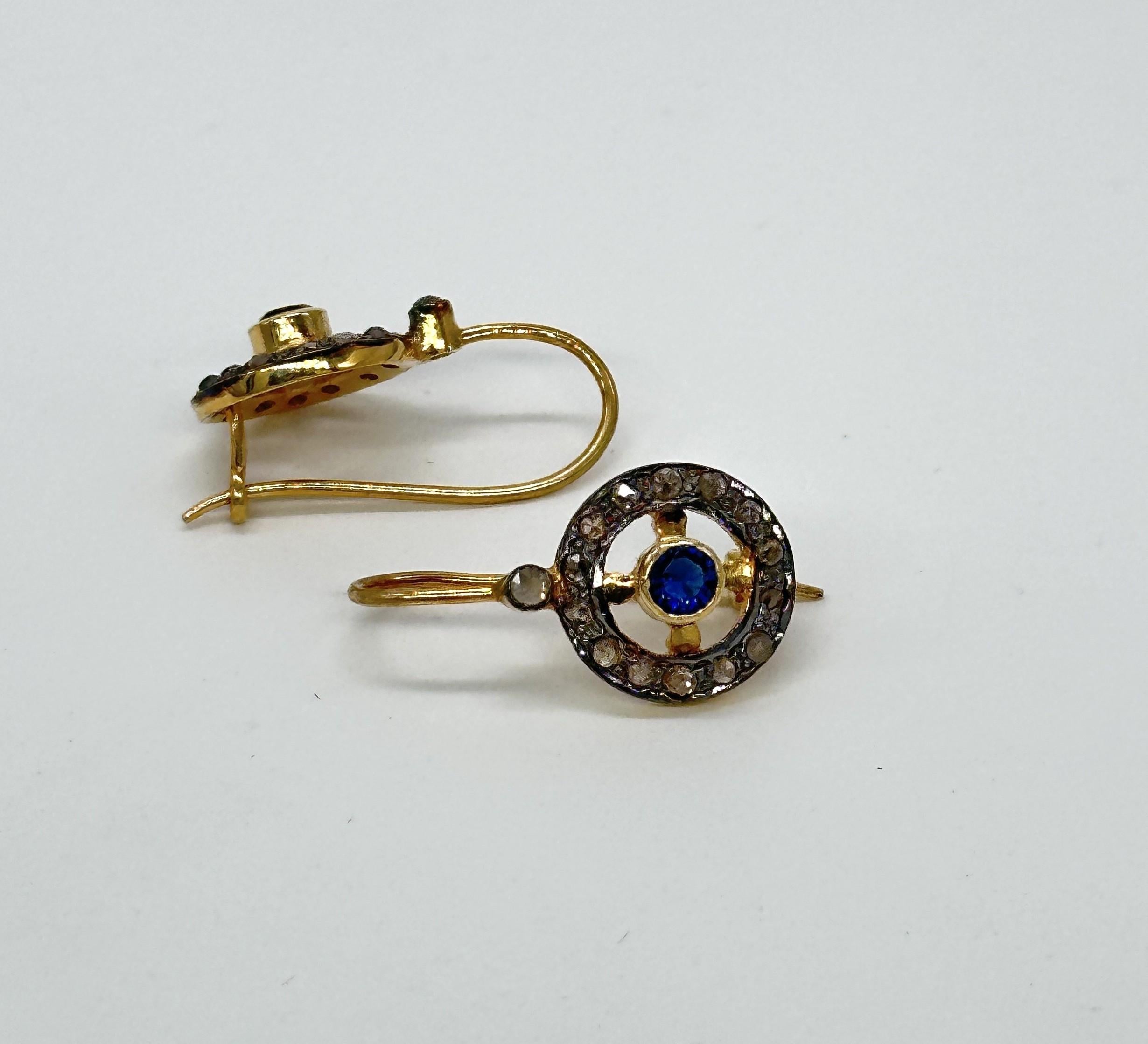 Women's or Men's Antique look natural rose cut diamonds blue sapphire silver wire post earrings