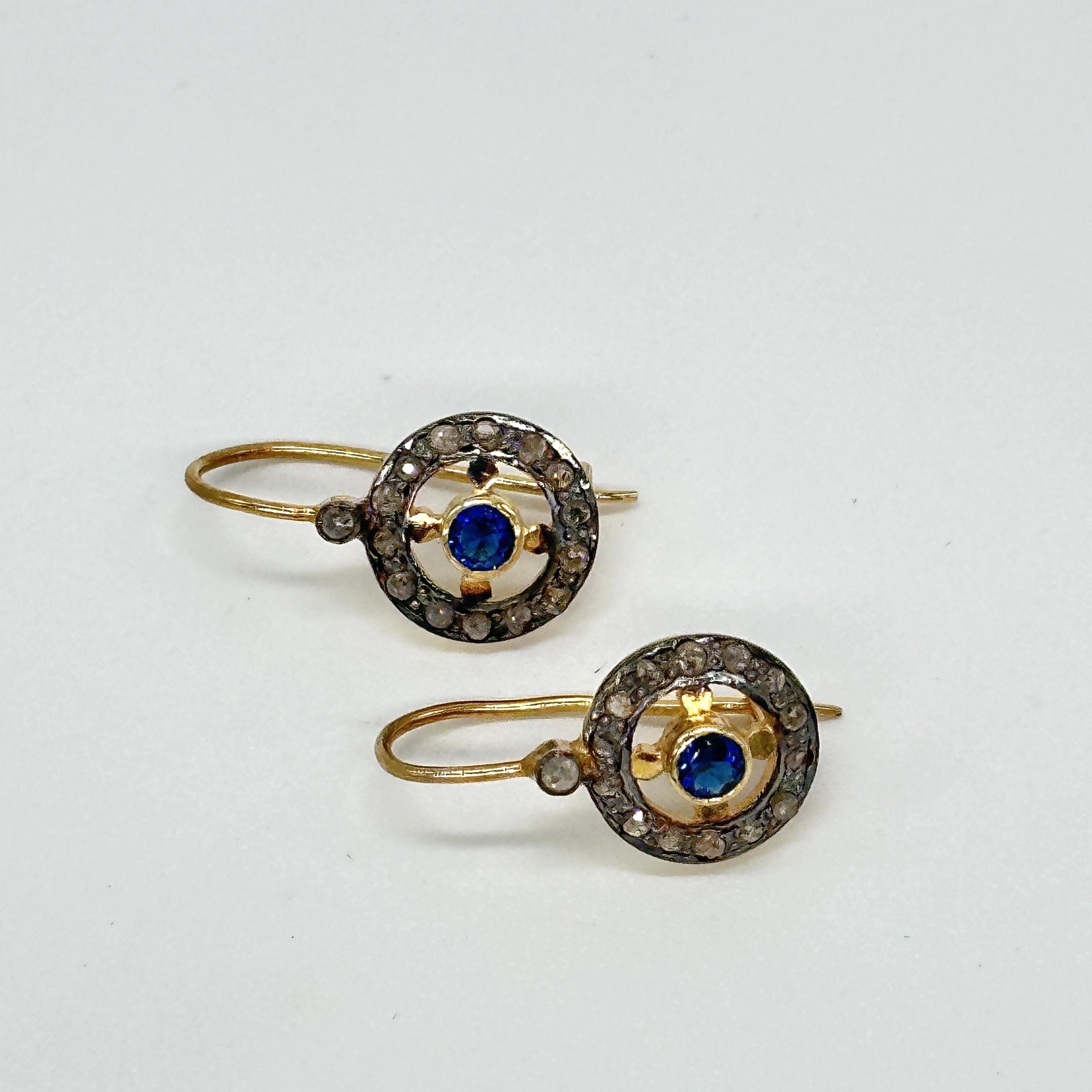 Antique look natural rose cut diamonds blue sapphire silver wire post earrings 1