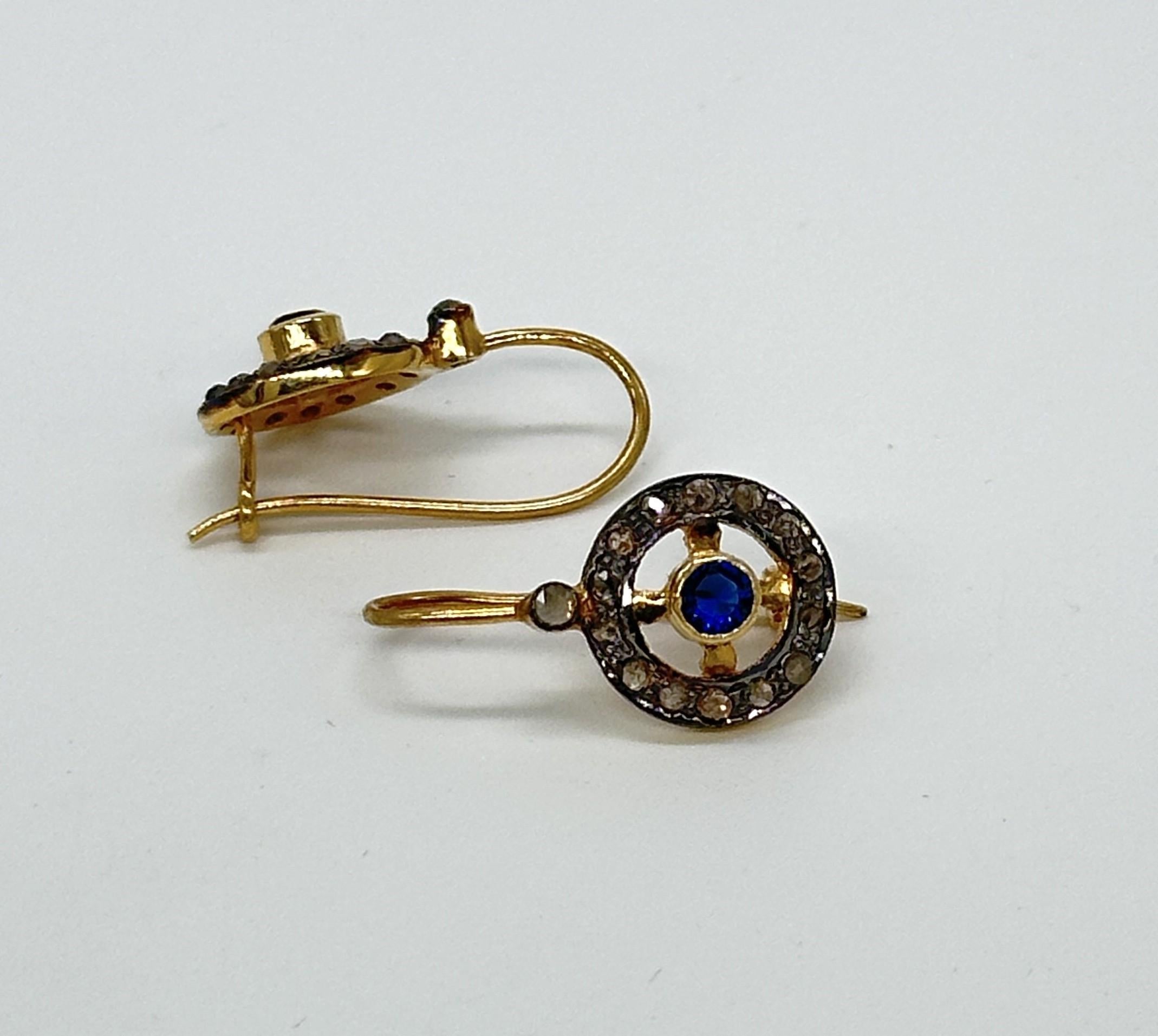 Antique look natural rose cut diamonds blue sapphire silver wire post earrings 2