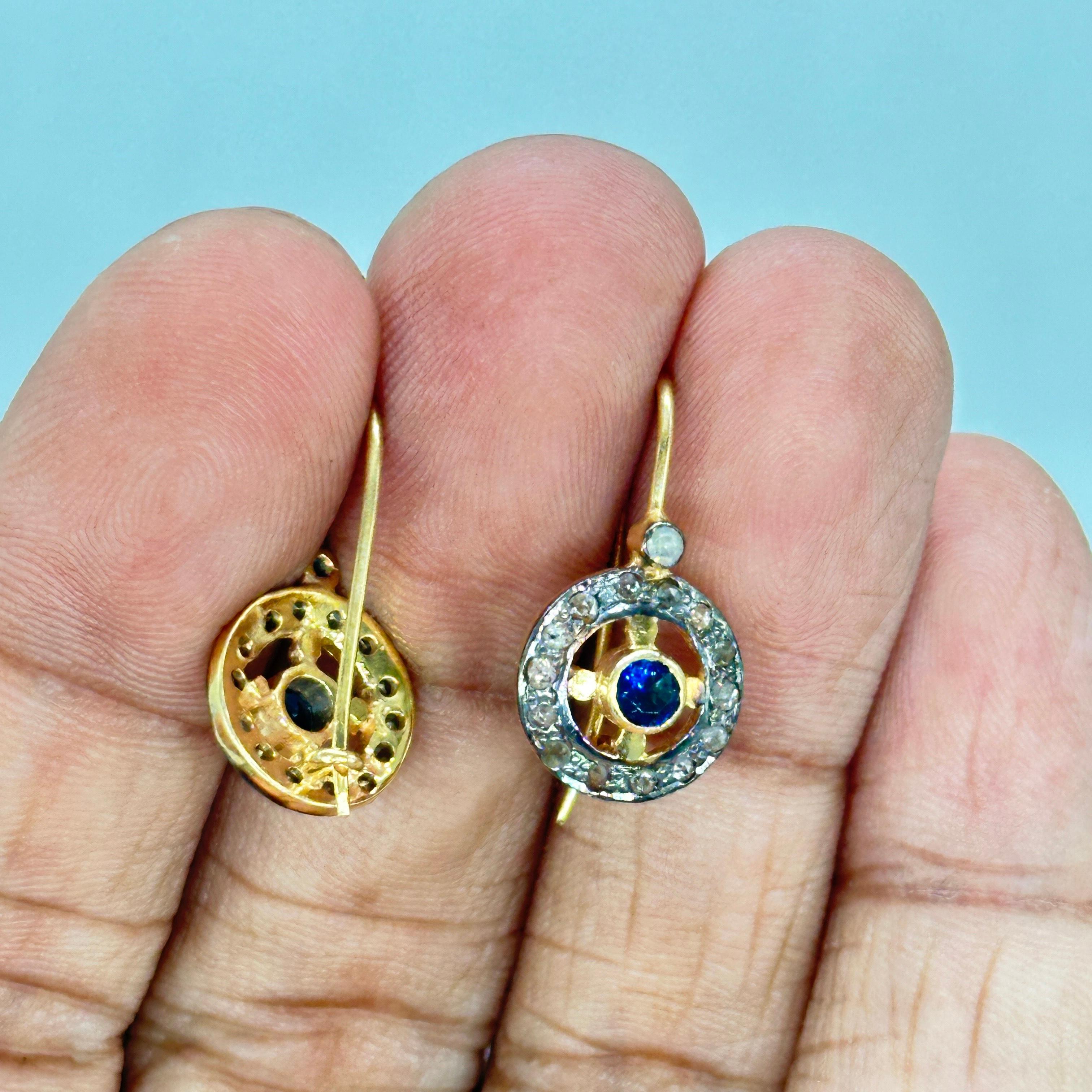 Antique look natural rose cut diamonds blue sapphire silver wire post earrings 3