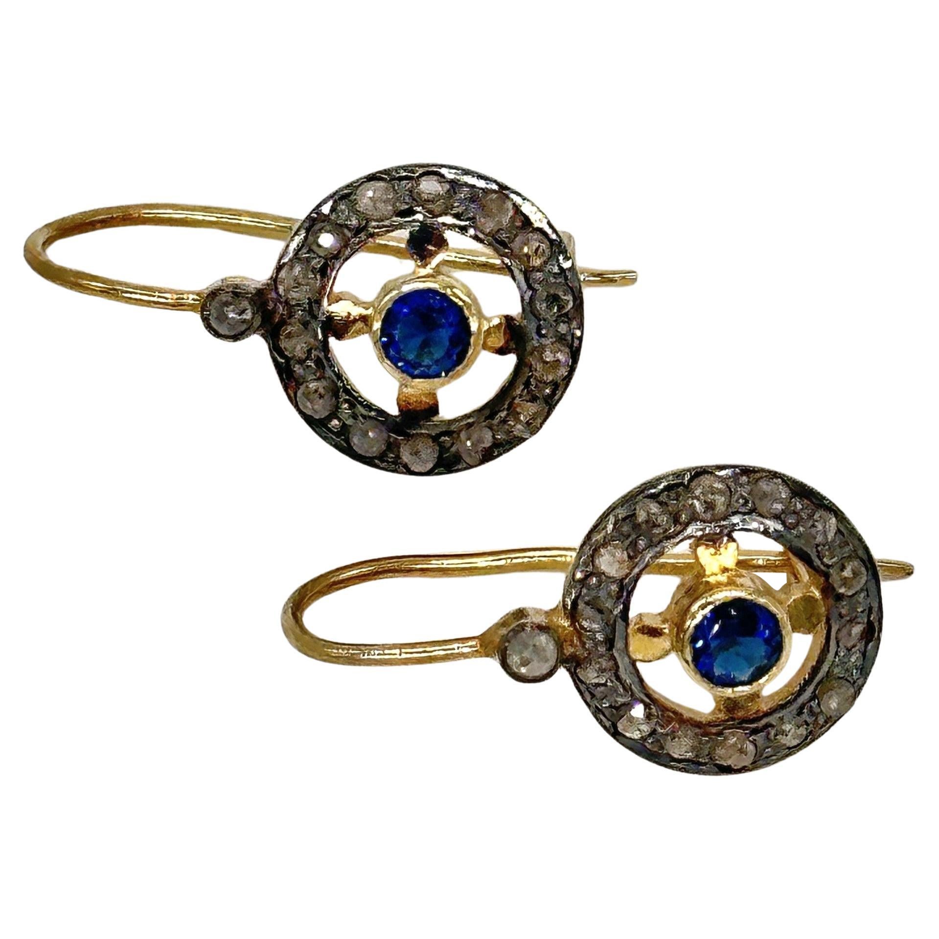 Antique look natural rose cut diamonds blue sapphire silver wire post earrings For Sale