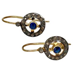Antique look natural rose cut diamonds blue sapphire silver wire post earrings