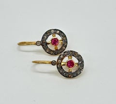 Antique look natural rose cut diamonds Ruby silver wire post earrings