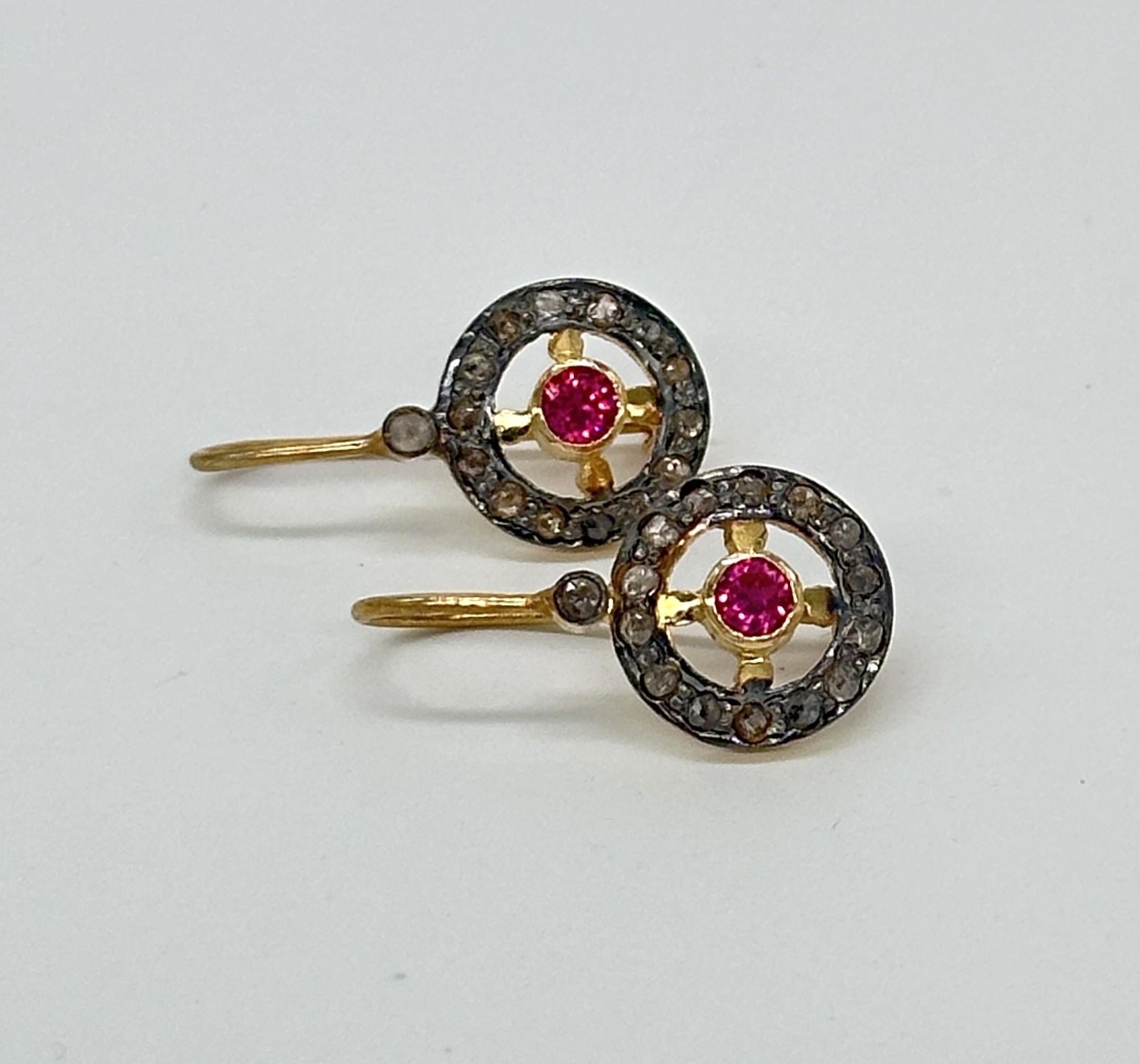 Women's or Men's Antique look natural rose cut diamonds Ruby silver wire post earrings For Sale