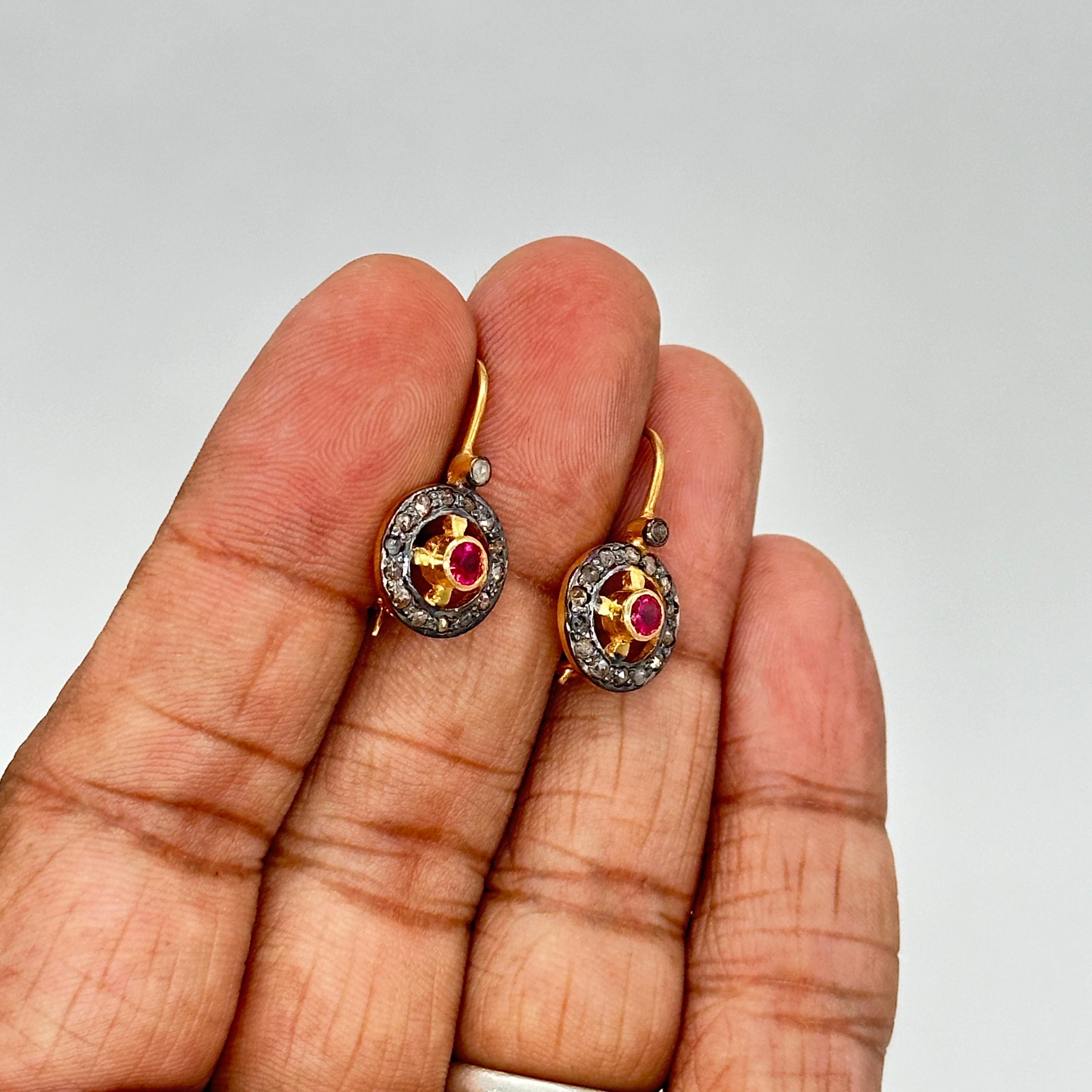 Antique look natural rose cut diamonds Ruby silver wire post earrings For Sale 3