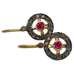 Antique look natural rose cut diamonds Ruby silver wire post earrings