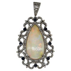 Antique look Real Natural Diamonds Opal sterling silver pendant