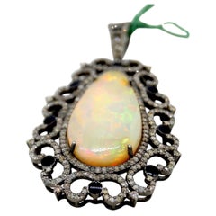 Antique look Real Natural Diamonds Opal sterling silver pendant