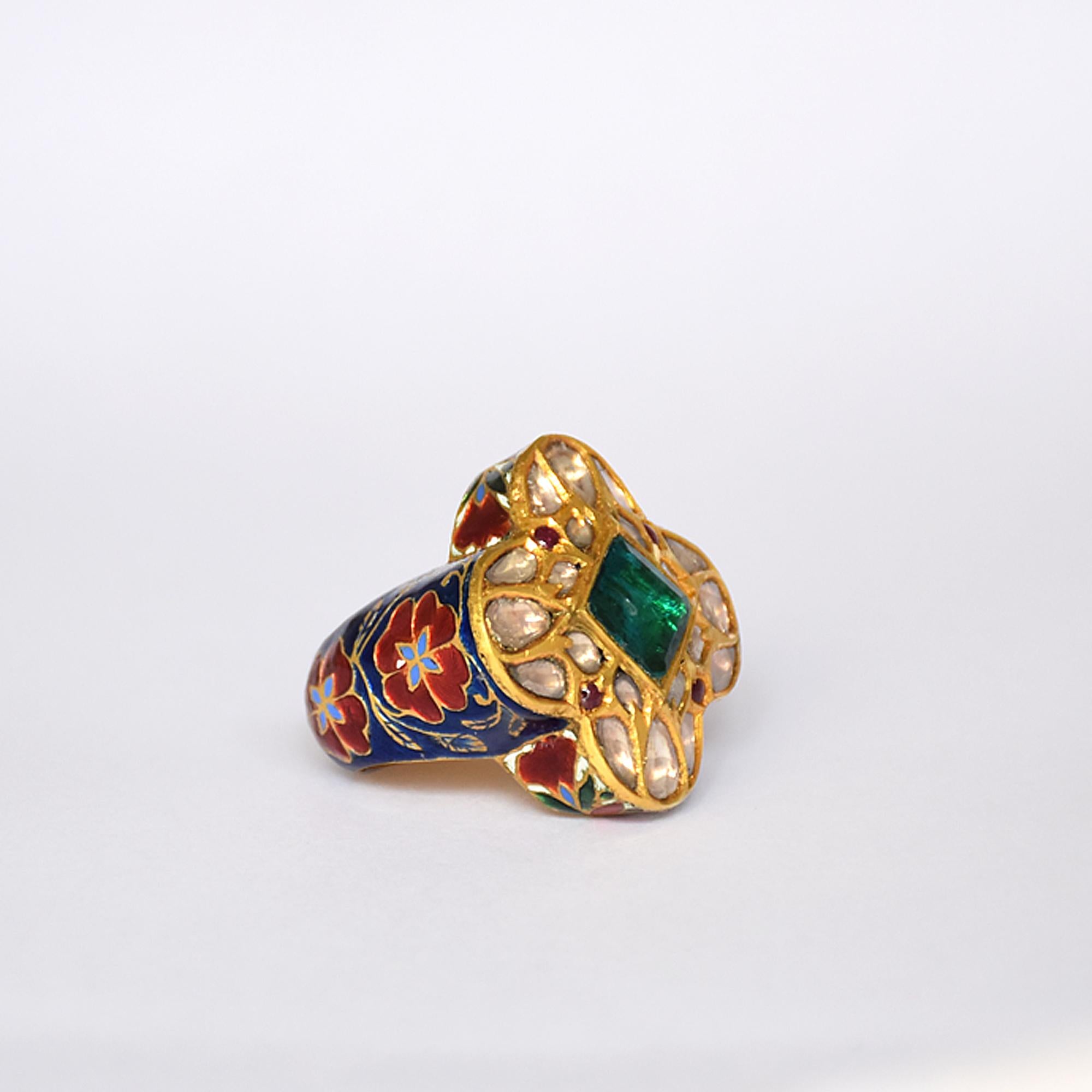 Women's or Men's Antique Looking 22K gold indian kundan meena enamel ring studded with diamonds For Sale