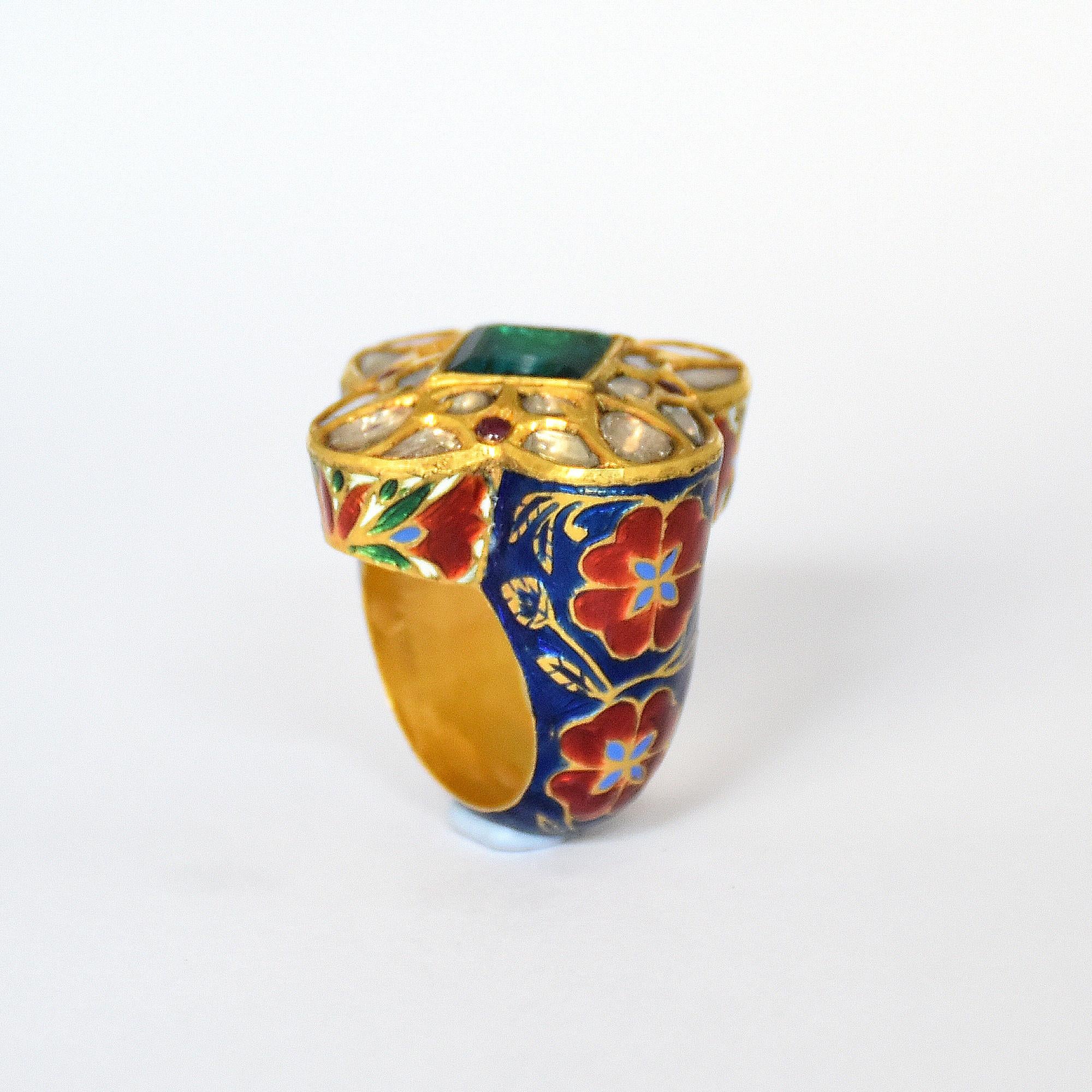 Antique Looking 22K gold indian kundan meena enamel ring studded with diamonds For Sale 1