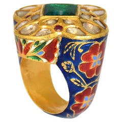 Bague d'antiquités en or 22 carats émaillée de kundan meena indienne, cloutée de diamants