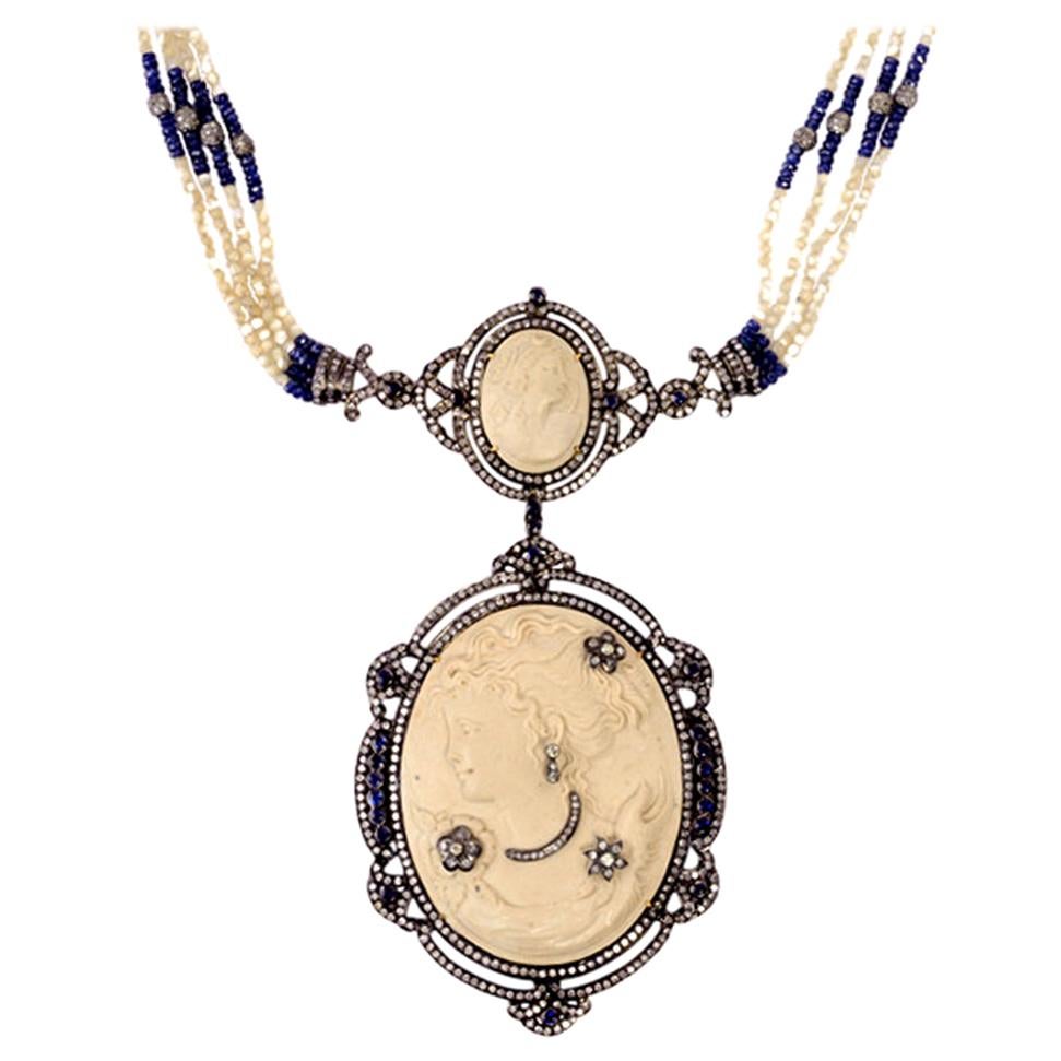 Antique Looking Cameo Necklace with MOP and Sapphire Beads and Diamonds